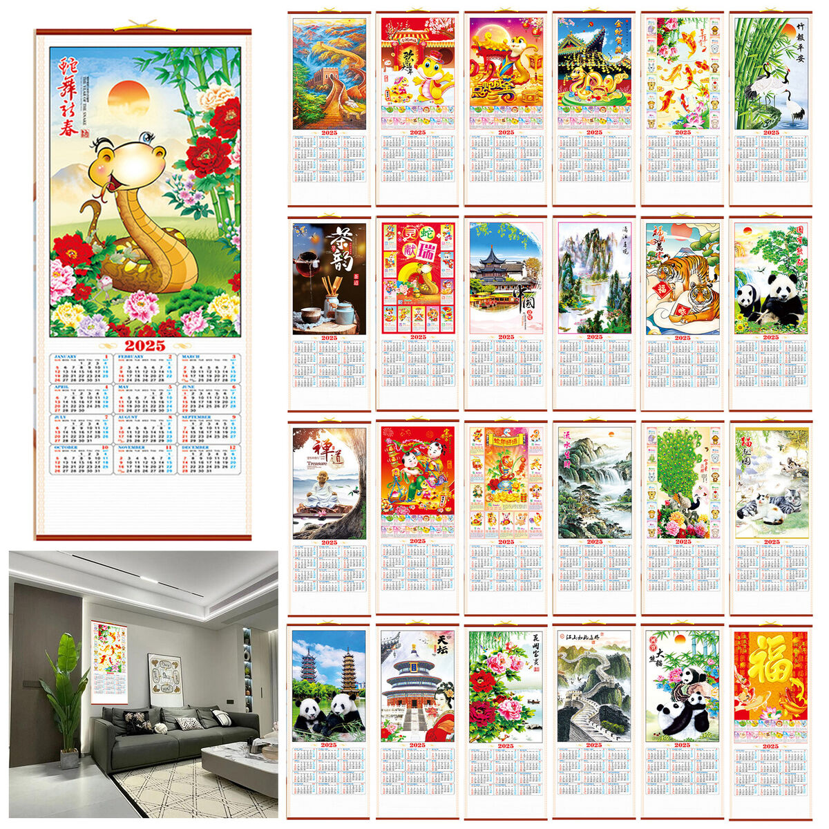 2025 Chinesischer Wandbehang Loong Kalender Mit Bild Von Snake Panda Tradition | Chinesischer Kalender 2025