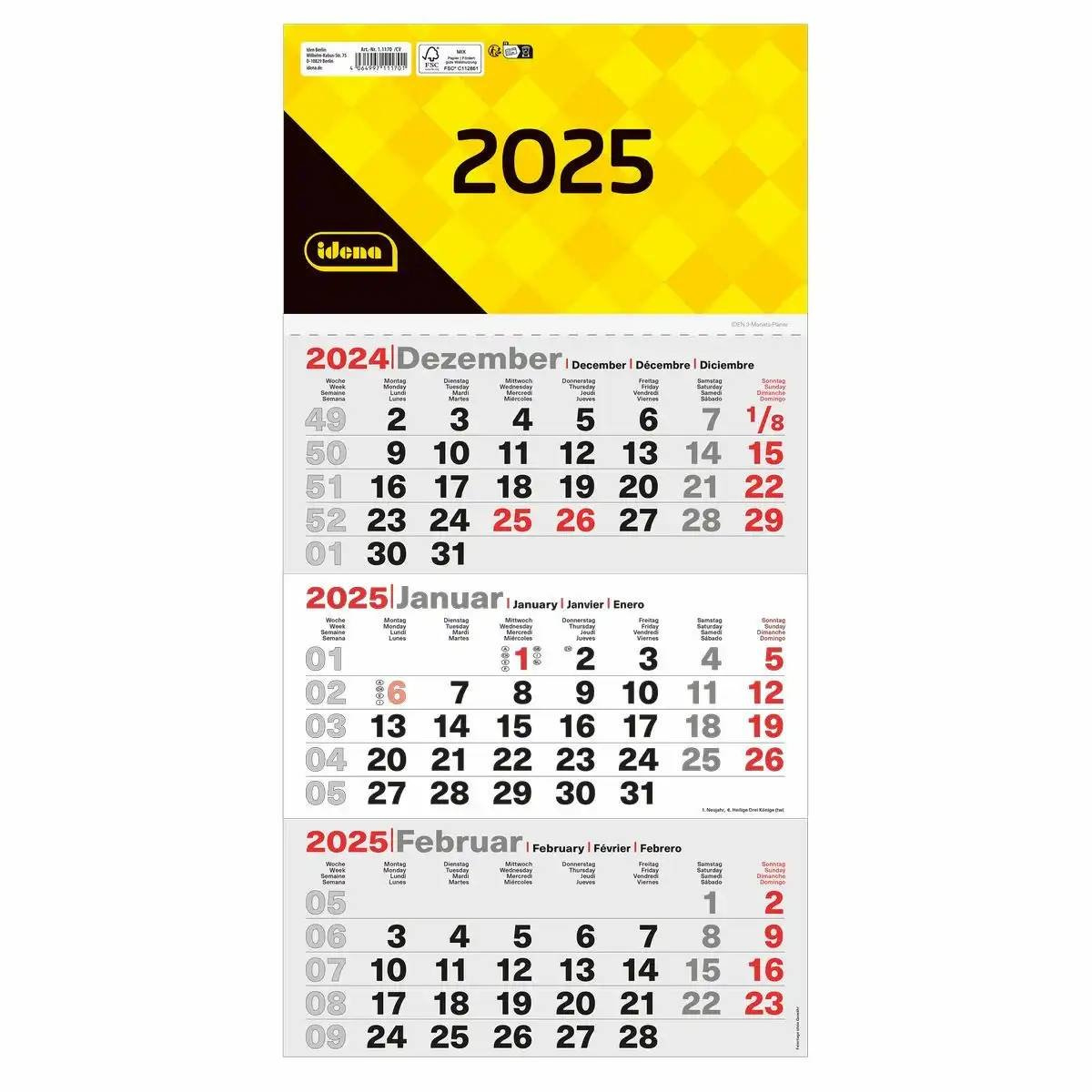 3-Monatswandkalender 2025 – Fsc® Mix | Idena Kalender 2025