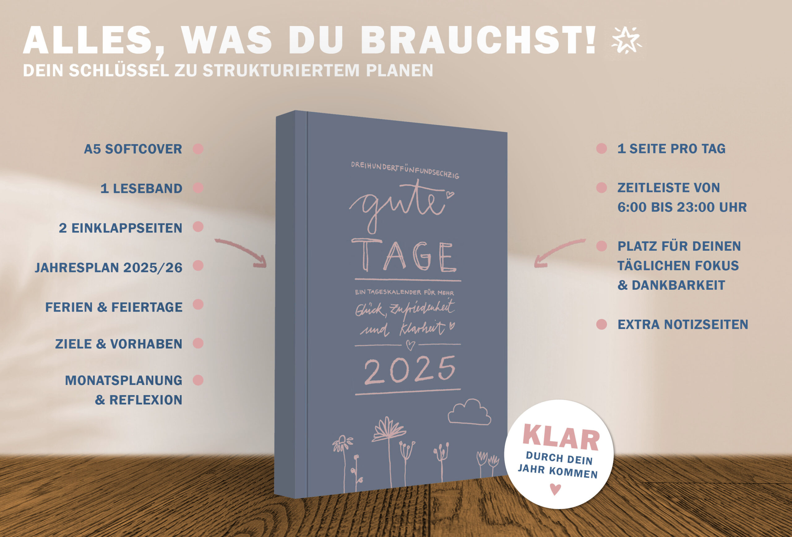 A5 Terminkalender 2025 - 365 Gute Tage, Softcover, Blau Rosa Eine | Kalender 2025 A5 1 Woche 2 Seiten