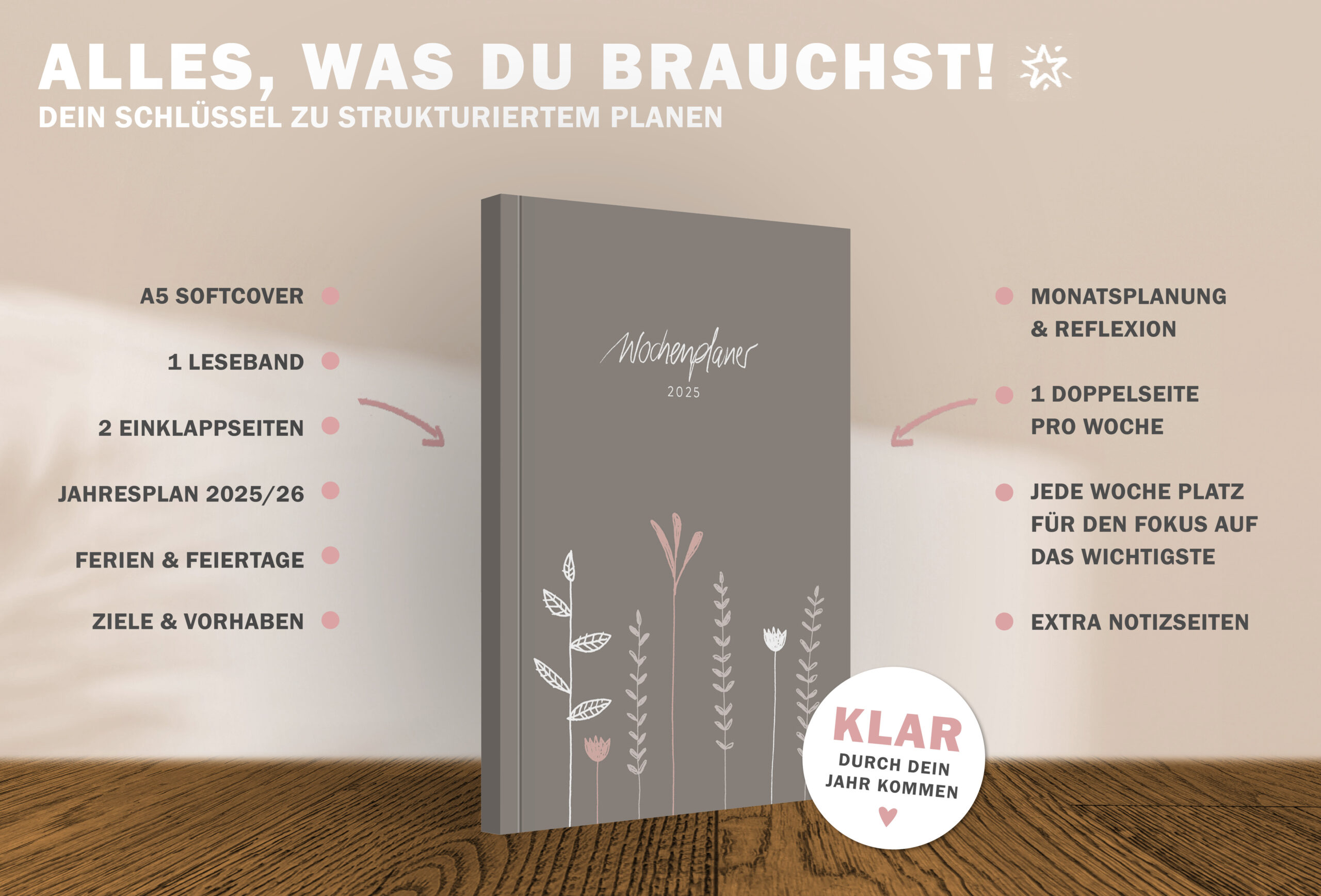 A5 Terminkalender 2025, Softcover Wochenplaner, Beige Weiß, Blumen | Kalender 2025 A5 1 Woche 2 Seiten