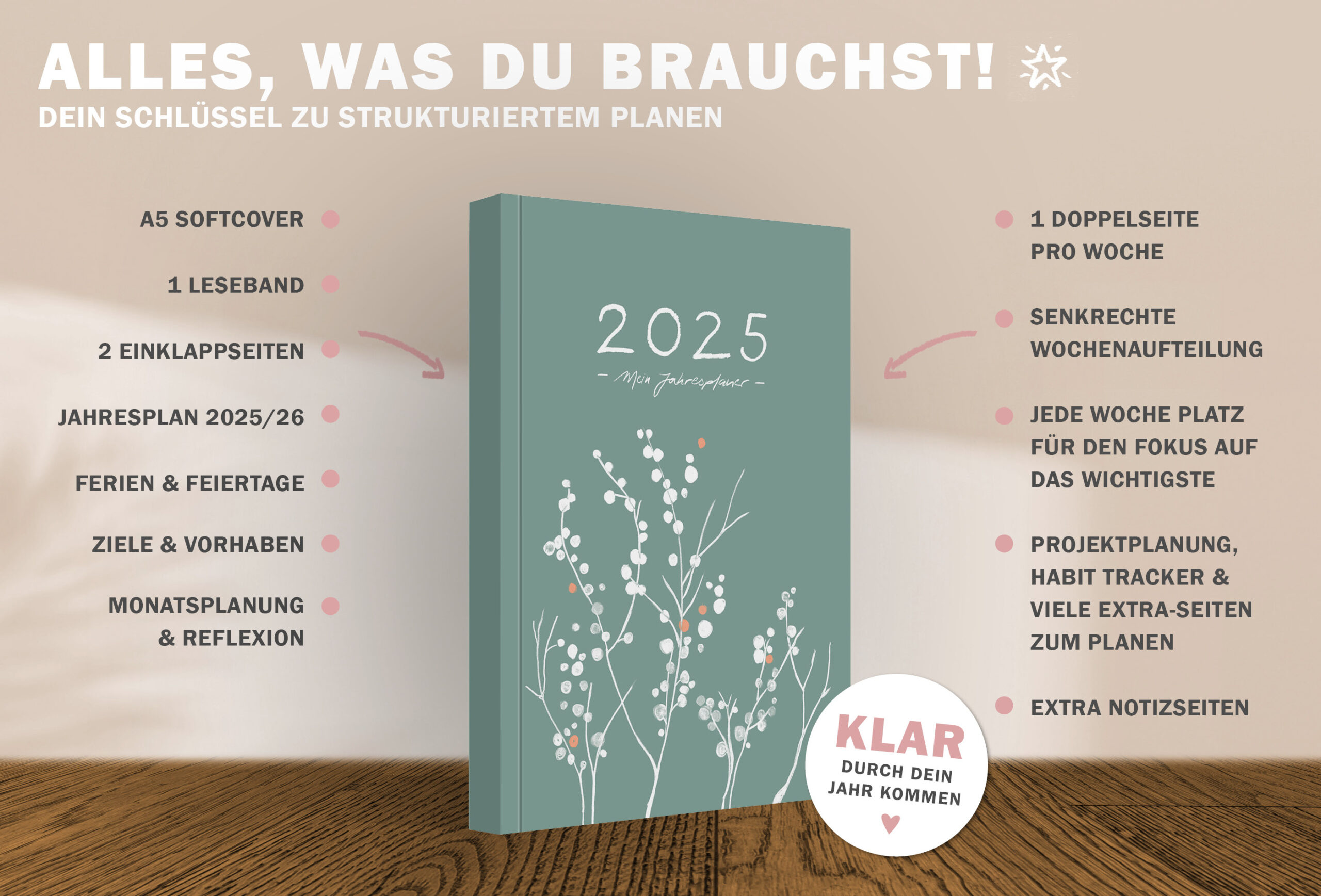 A5 Terminkalender 2025, Softcover Wochenplaner, Grün Weiß, Blumen | Kalender 2025 A5 1 Woche 2 Seiten