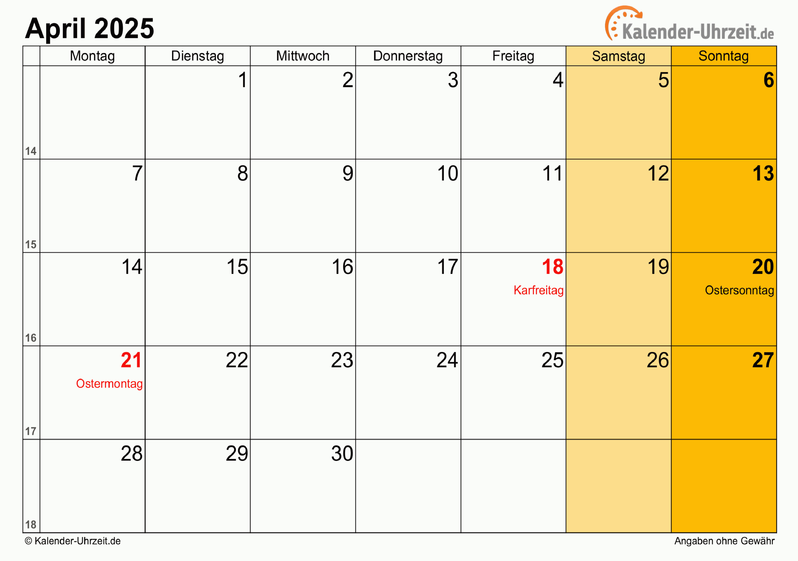 April 2025 Kalender Mit Feiertagen | Kalender April 2025 Mit Feiertagen