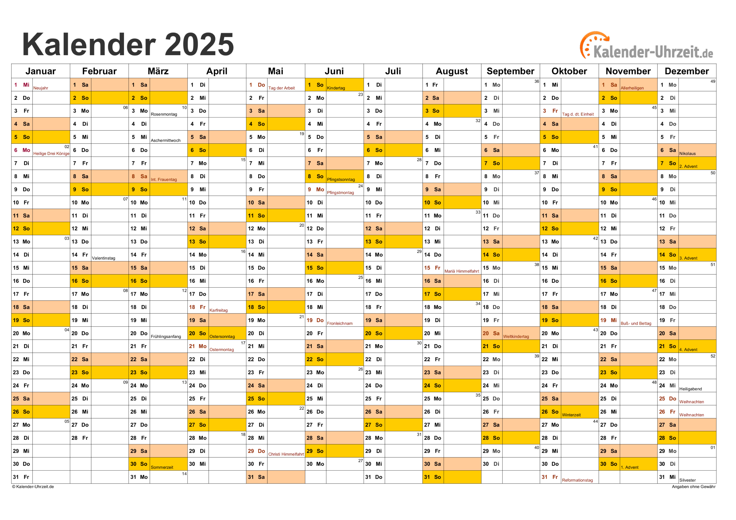 Excel-Kalender 2025 - Kostenlos | Foto Kalender 2025