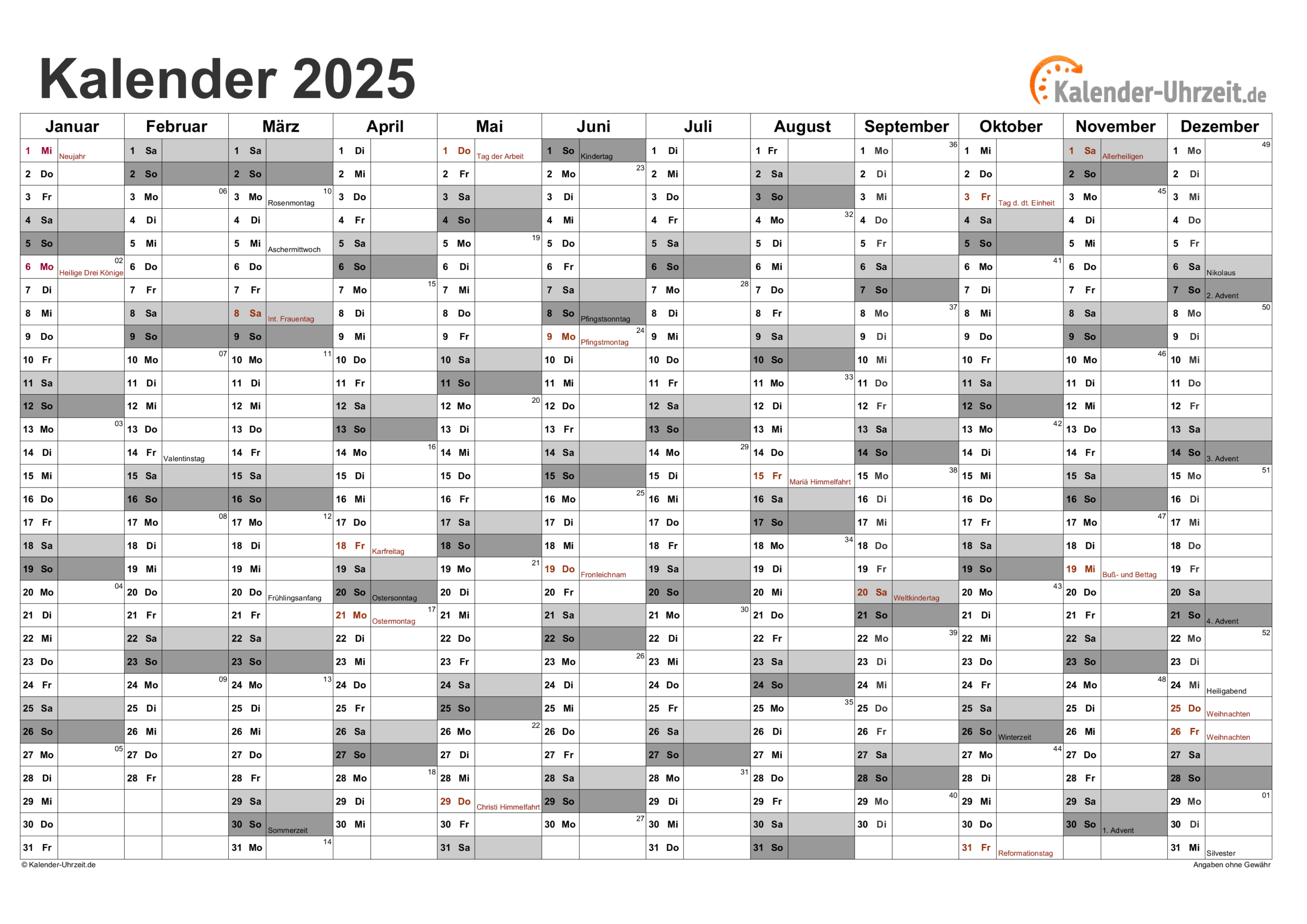 Excel-Kalender 2025 - Kostenlos | Kalender 2025 Vorlage