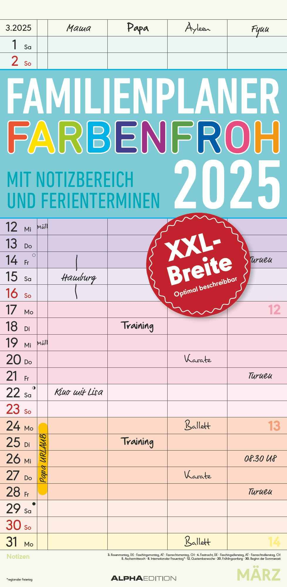 Familienplaner Farbenfroh 2025 Mit 4 Spalten - Familien-Time | Kalender 2025 Familienplaner