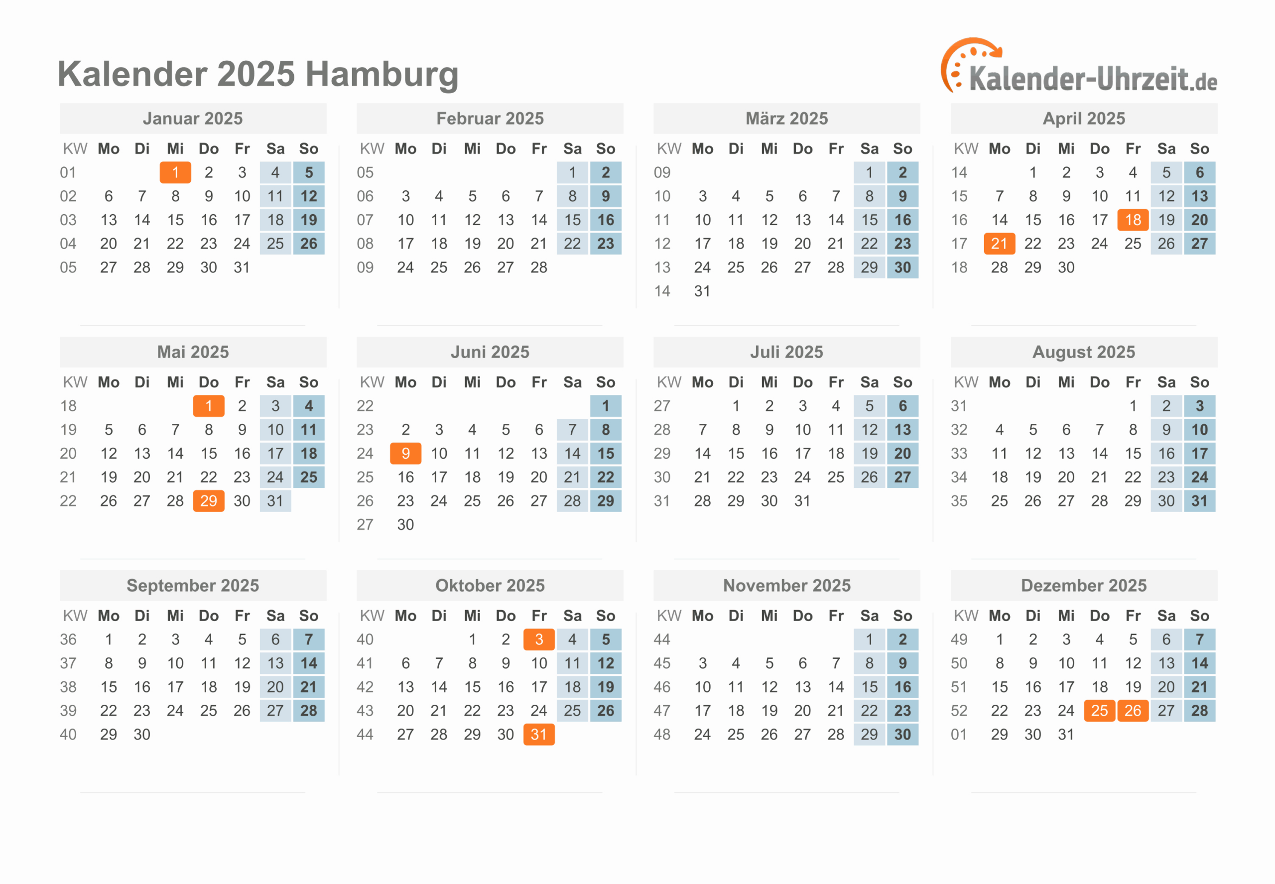 Feiertage 2025 Hamburg + Kalender | Kalender 2025 Hamburg