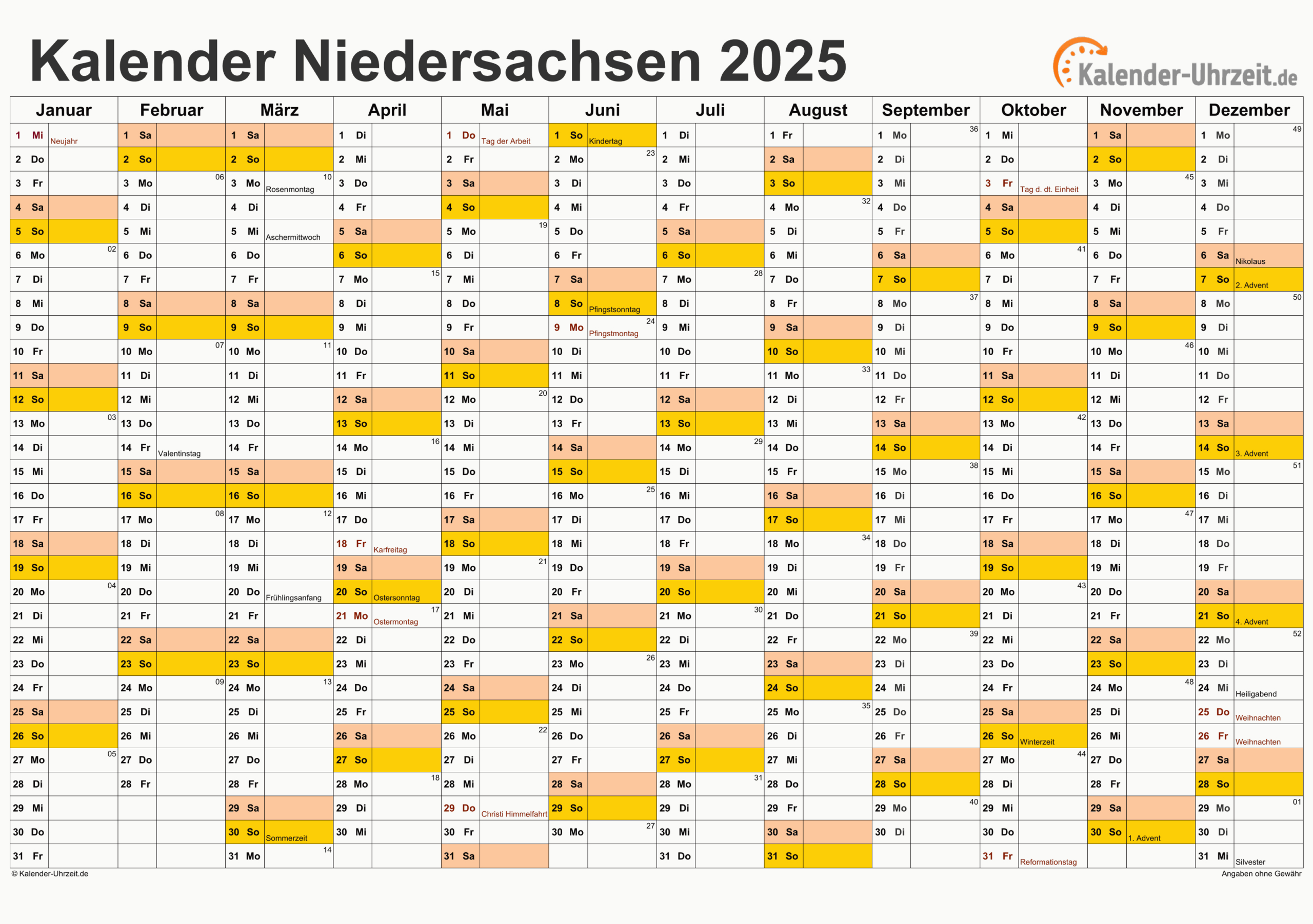 Feiertage 2025 Niedersachsen + Kalender | Brückentage 2025 Niedersachsen Kalender