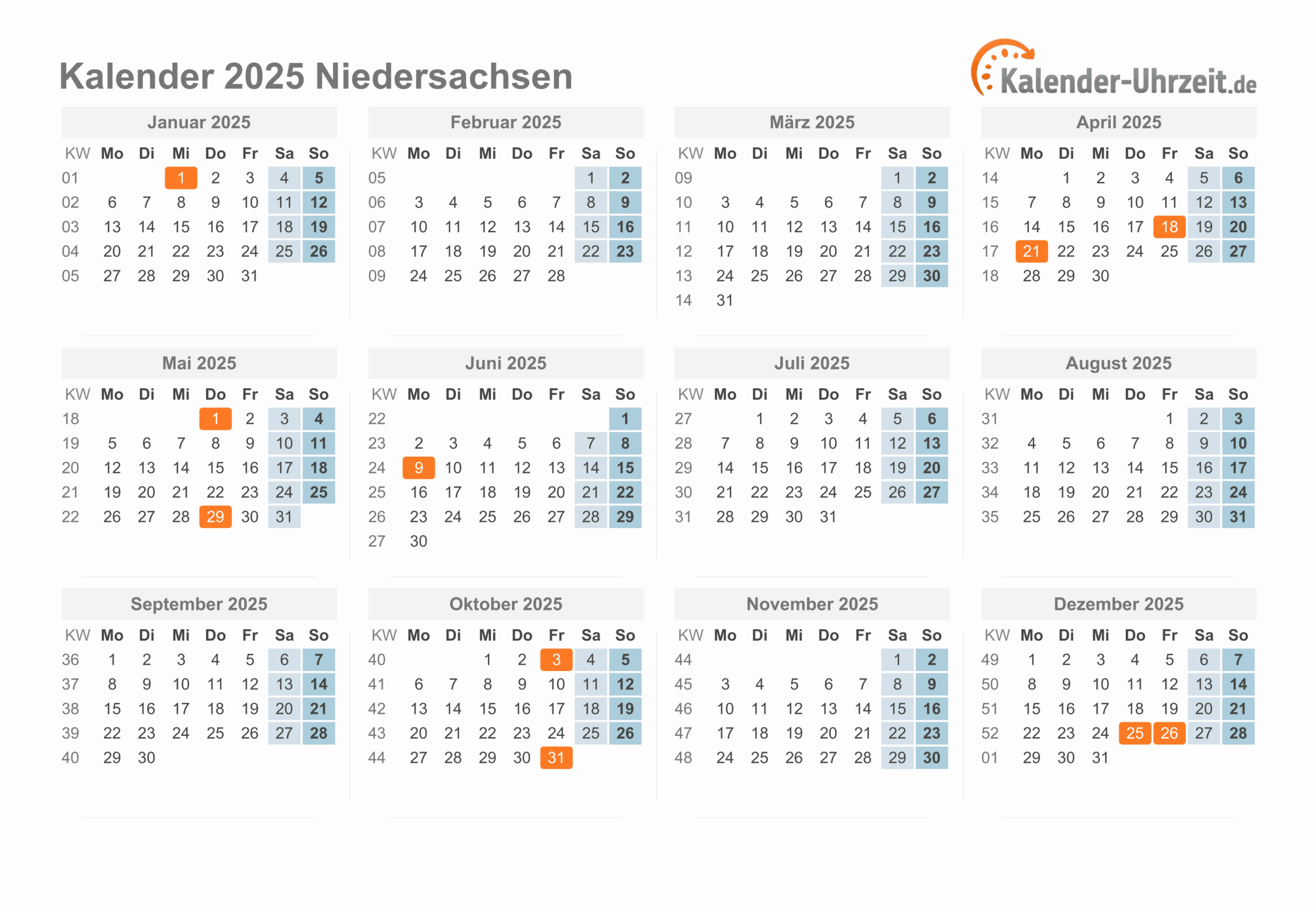 Feiertage 2025 Niedersachsen + Kalender | Brückentage 2025 Niedersachsen Kalender