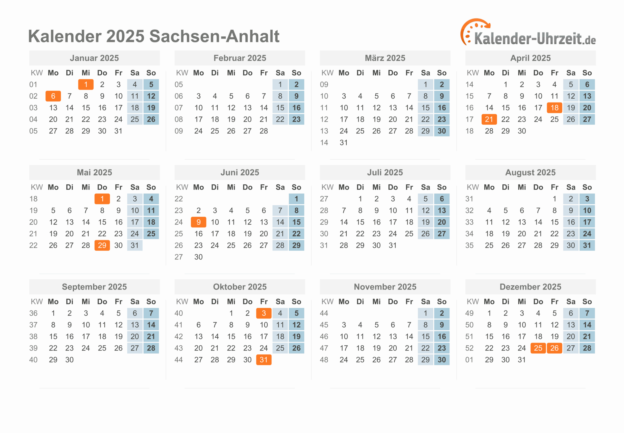 Feiertage 2025 Sachsen-Anhalt + Kalender | Feiertage 2025 Sachsen Anhalt Kalender