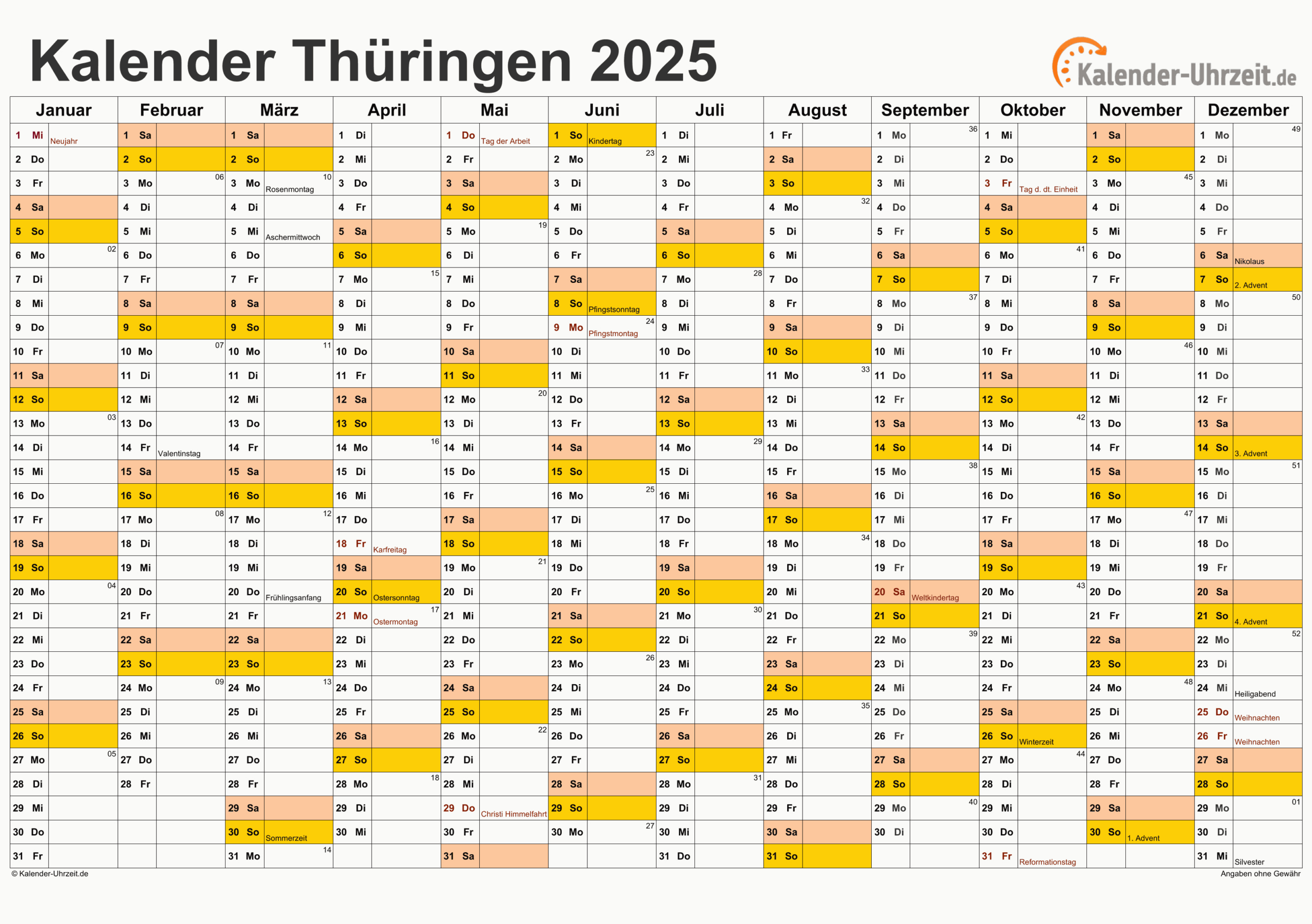 Feiertage 2025 Thüringen + Kalender | Feiertage Thüringen 2025 Kalender