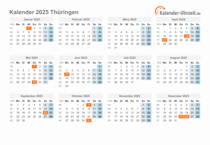 Kalender 2025 Thüringen Mit Feiertagen