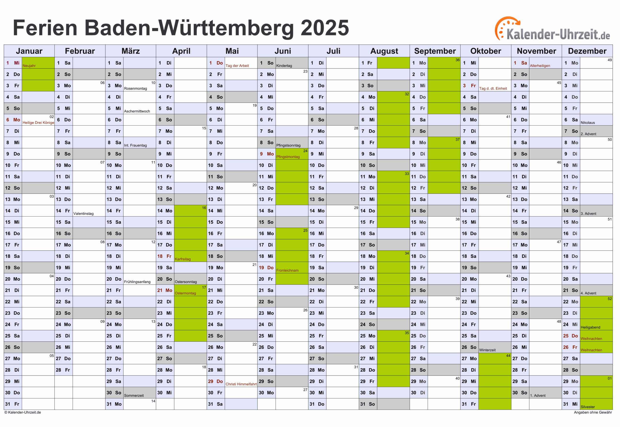 Ferien Baden-Württemberg 2025 - Ferienkalender Zum Ausdrucken | Bw Kalender 2025