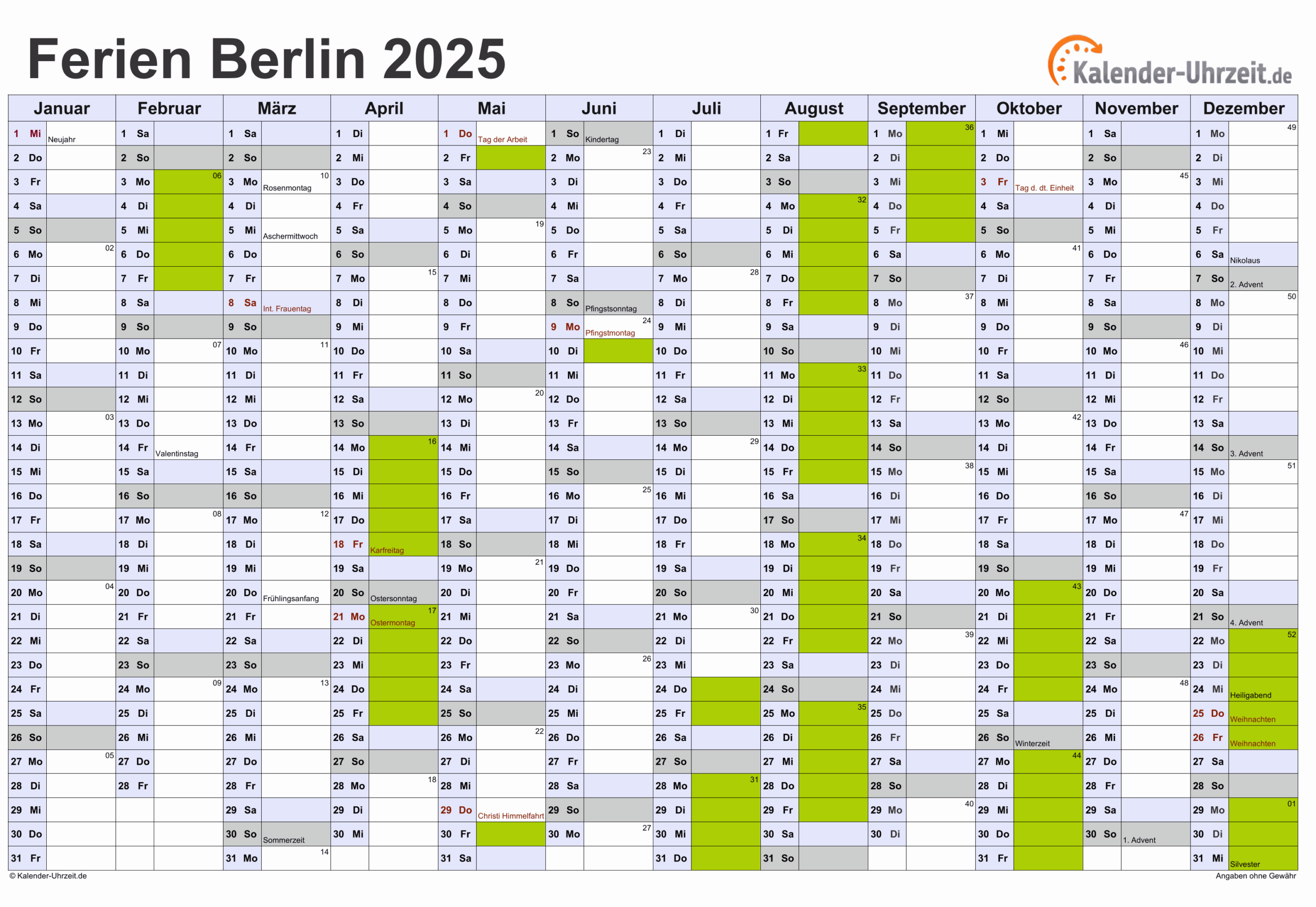 Ferien Berlin 2025 - Ferienkalender Zum Ausdrucken | Berlin Kalender 2025