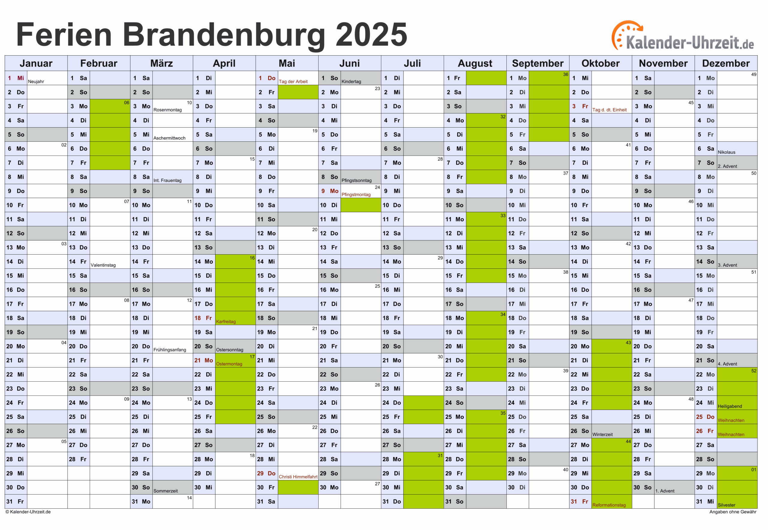 Ferien Brandenburg 2025 - Ferienkalender Zum Ausdrucken | Ferien 2025 Brandenburg Kalender