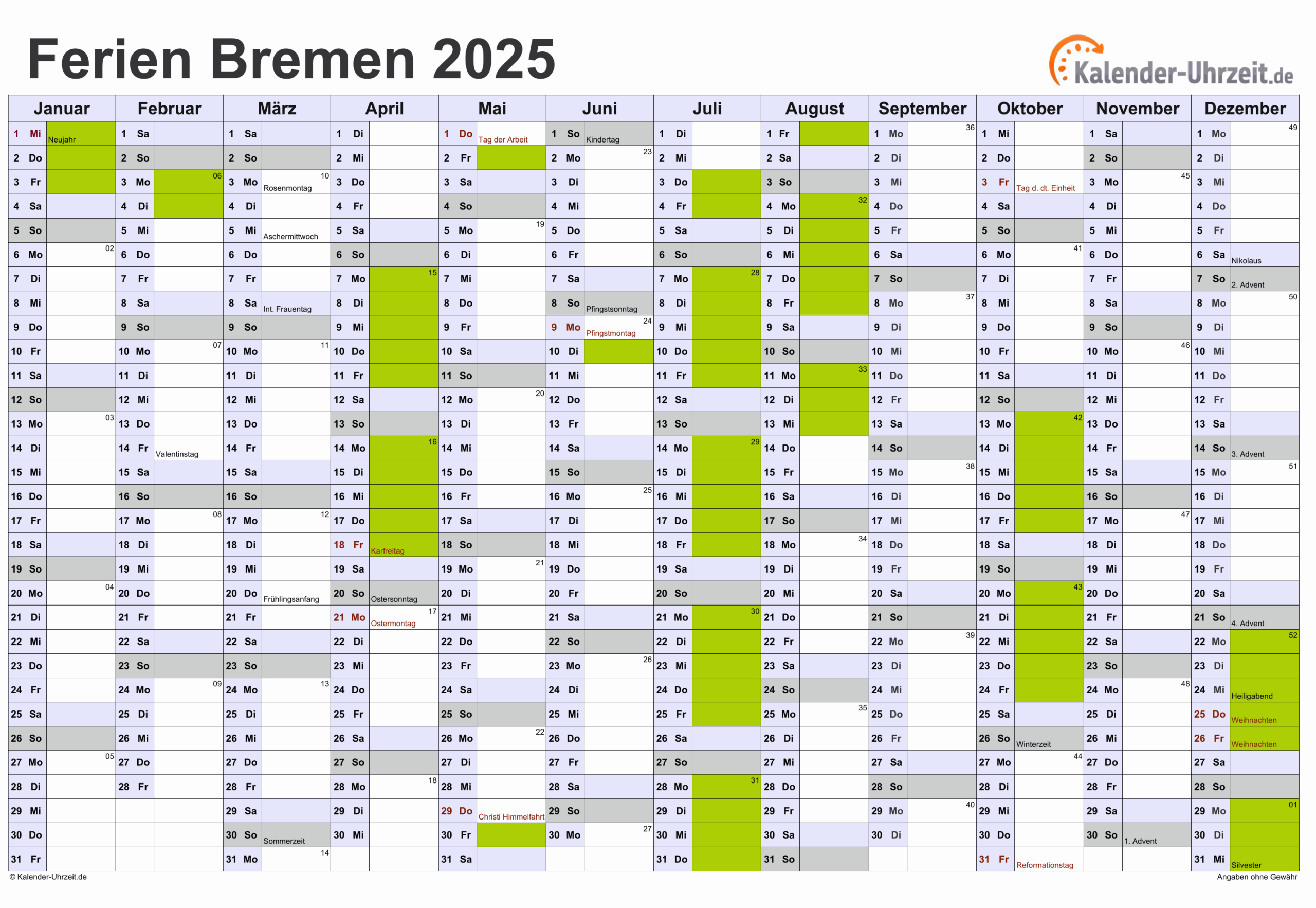 Ferien Bremen 2025 - Ferienkalender Zum Ausdrucken | Kalender 2025 Bremen