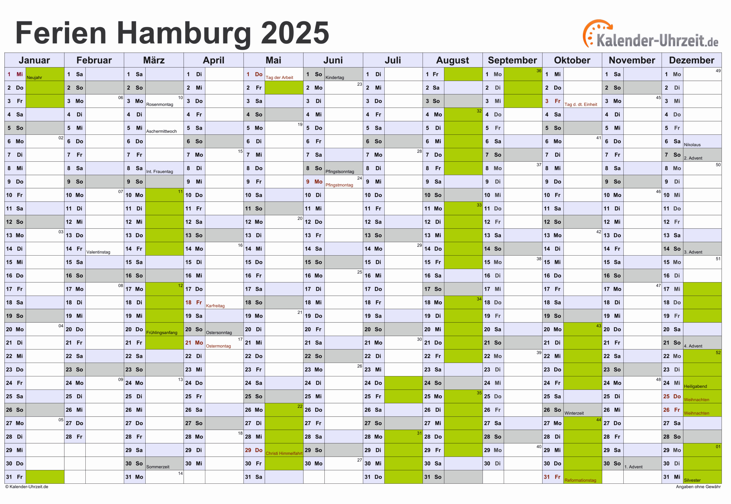 Ferien Hamburg 2025 - Ferienkalender Zum Ausdrucken | Kalender 2025 Mit Ferien Hamburg