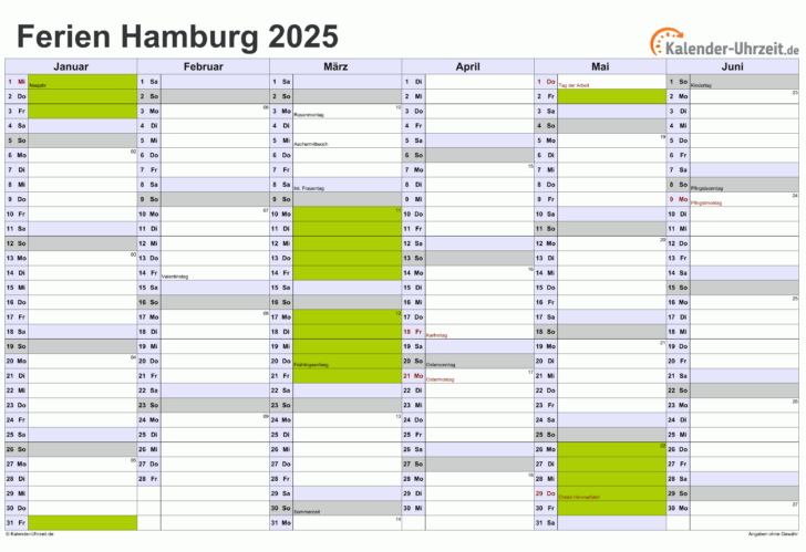 Sommerferien 2025 Hamburg Kalender