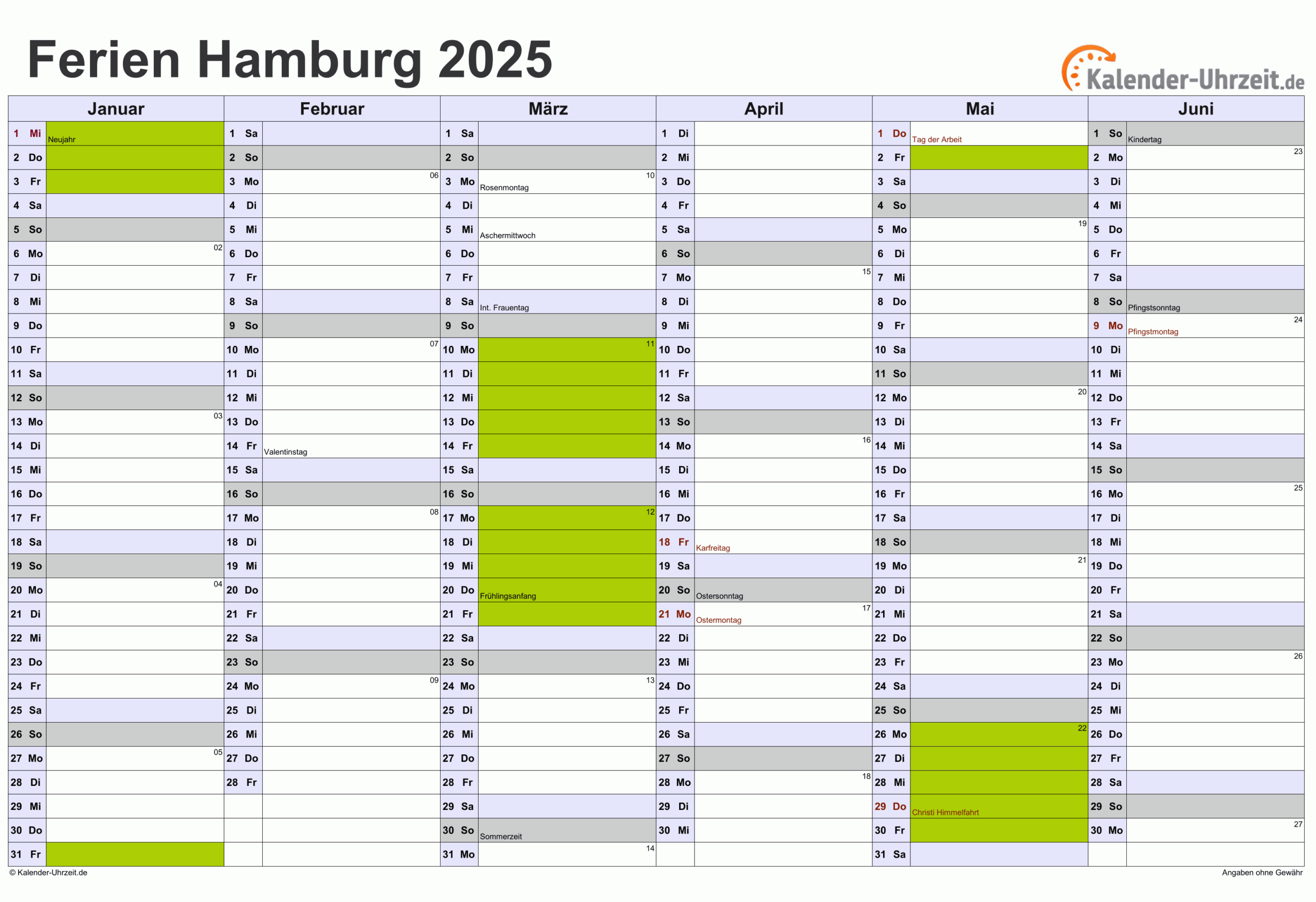 Ferien Hamburg 2025 - Ferienkalender Zum Ausdrucken | Sommerferien 2025 Hamburg Kalender