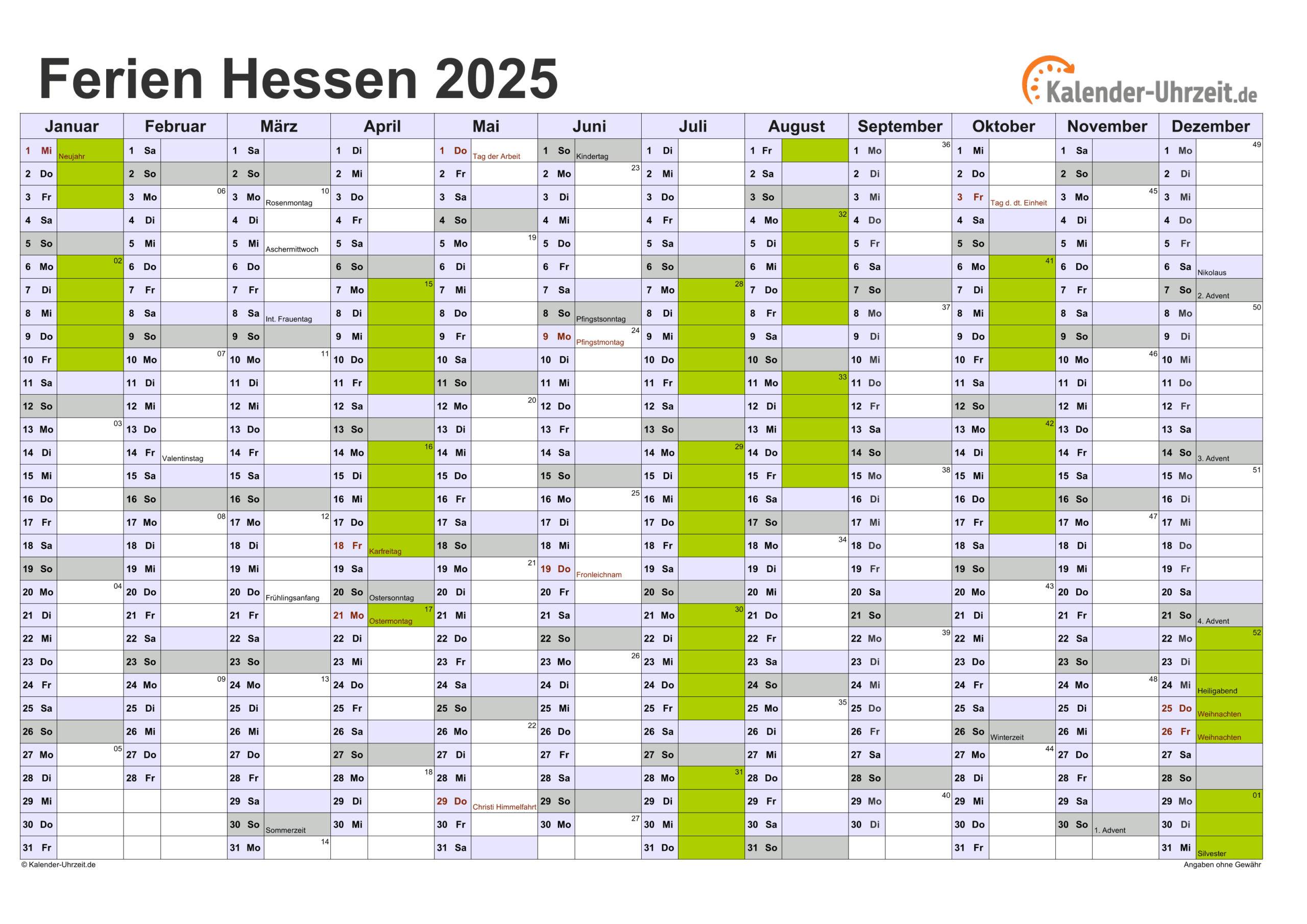 Ferien Hessen 2025 - Ferienkalender Zum Ausdrucken | Feiertage Hessen 2025 Kalender