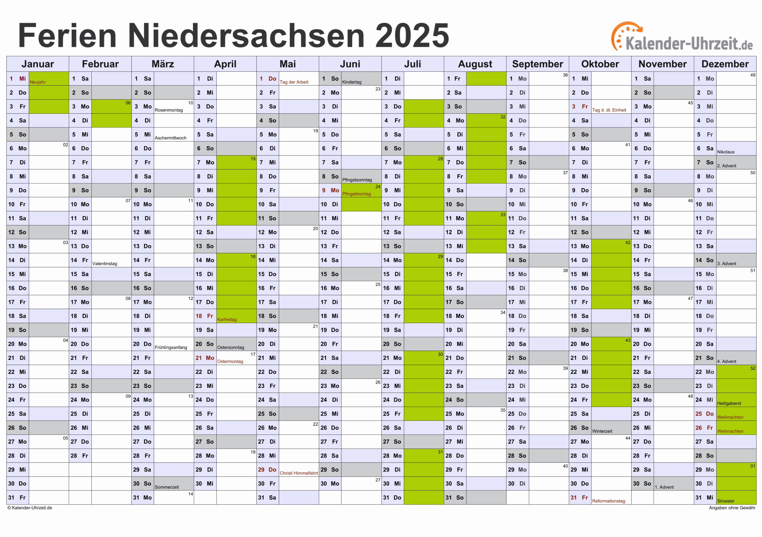 Ferien Niedersachsen 2025 - Ferienkalender Zum Ausdrucken | Herbstferien Niedersachsen 2025 Kalender