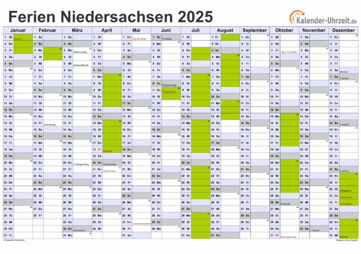 Kalender 2025 Niedersachsen Feiertage