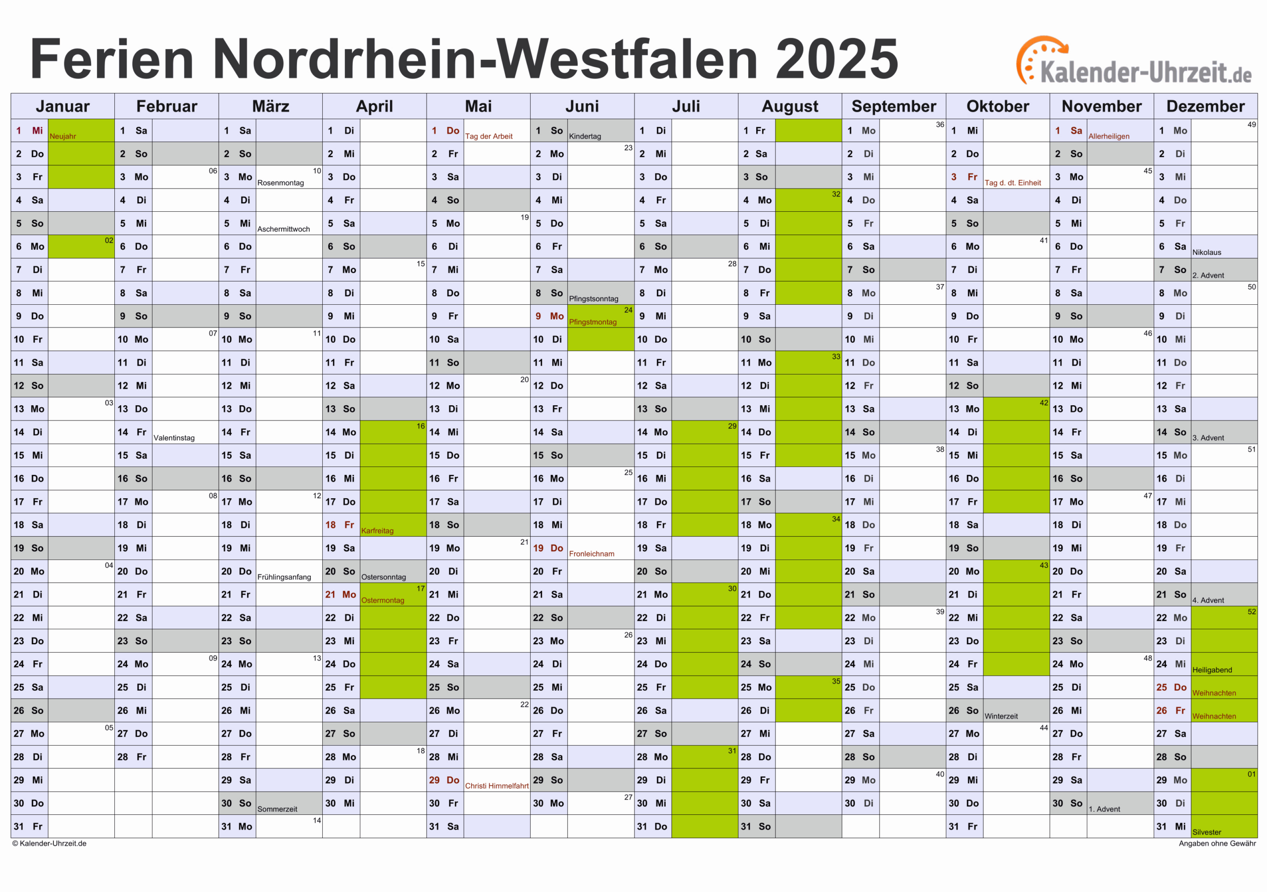 Ferien Nordrhein-Westfalen 2025 - Ferienkalender Zum Ausdrucken | 2025 Kalender Nrw