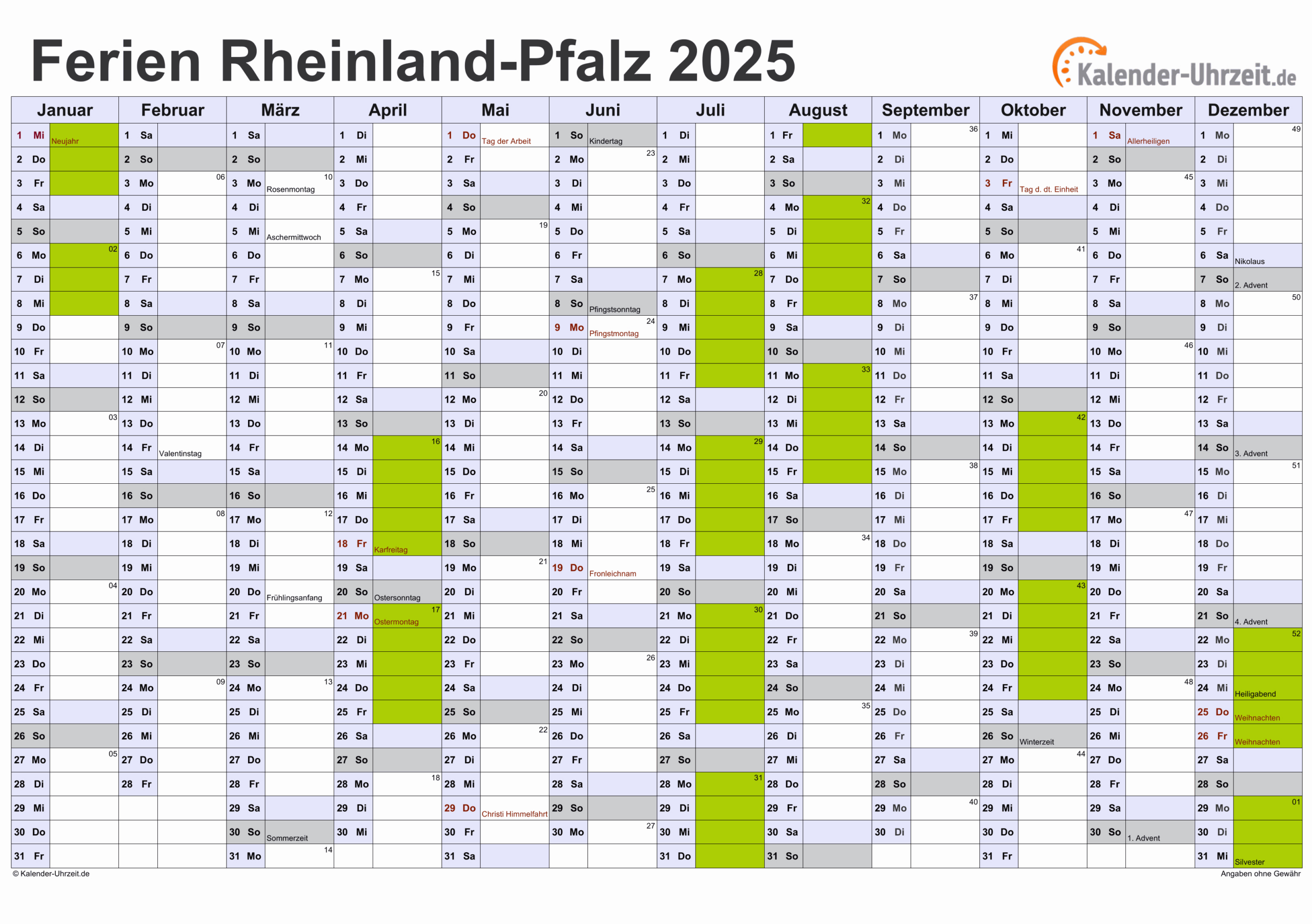 Ferien Rheinland-Pfalz 2025 - Ferienkalender Zum Ausdrucken | Ferien Rlp 2025 Kalender