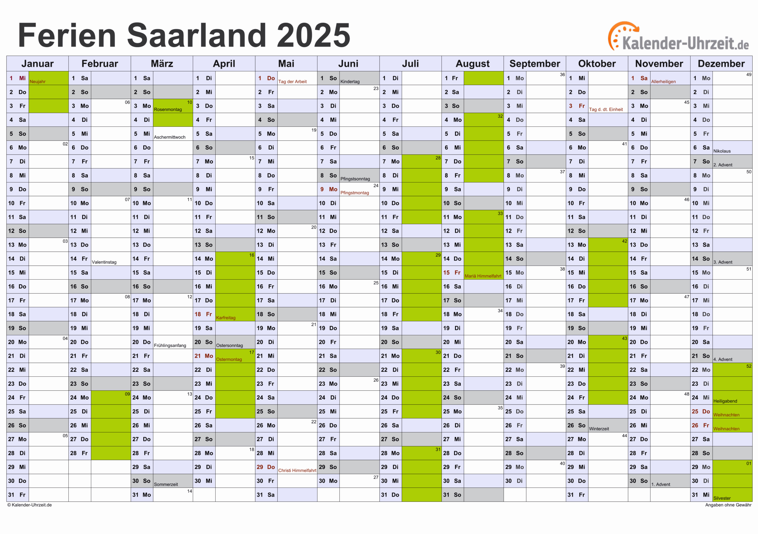 Ferien Saarland 2025 - Ferienkalender Zum Ausdrucken | Ferien 2025 Kalender