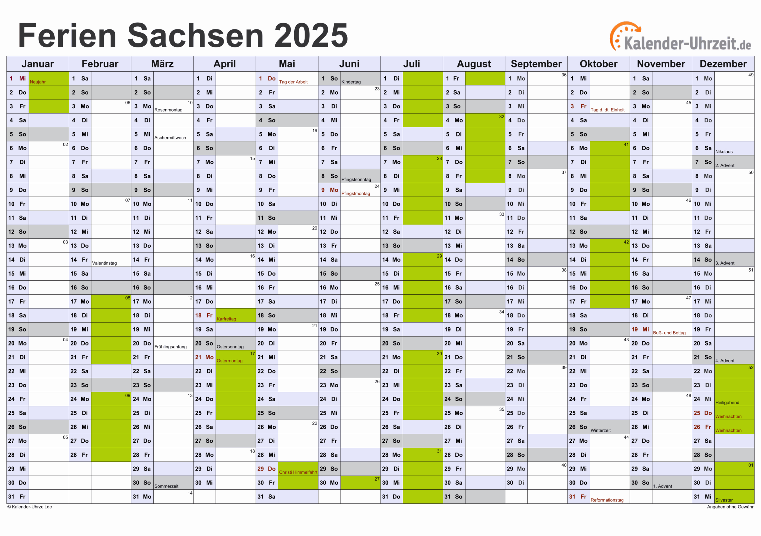 Ferien Sachsen 2025 - Ferienkalender Zum Ausdrucken | Feiertage Sachsen 2025 Kalender