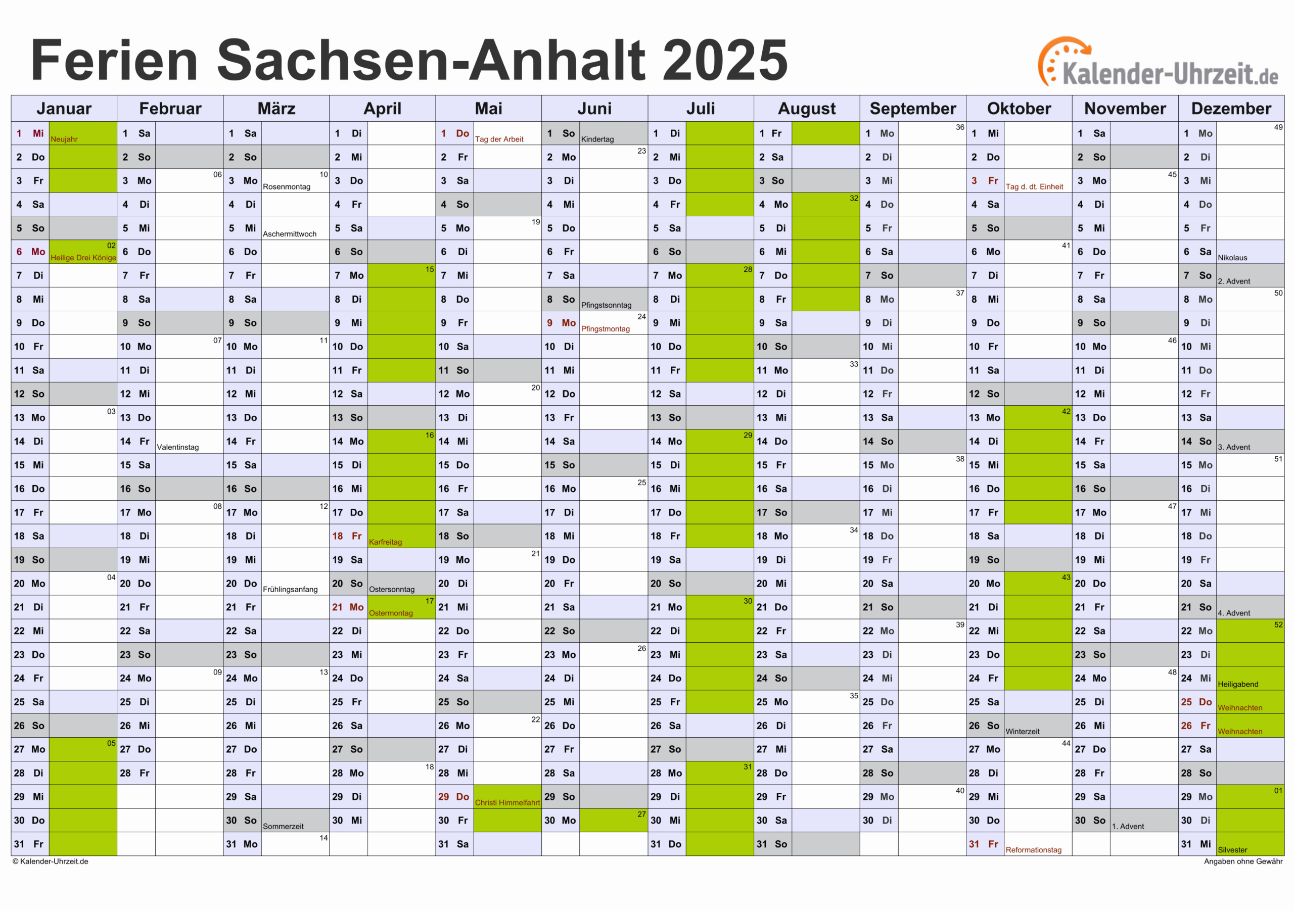 Ferien Sachsen-Anhalt 2025 - Ferienkalender Zum Ausdrucken | Ferien Kalender 2025 Sachsen Anhalt