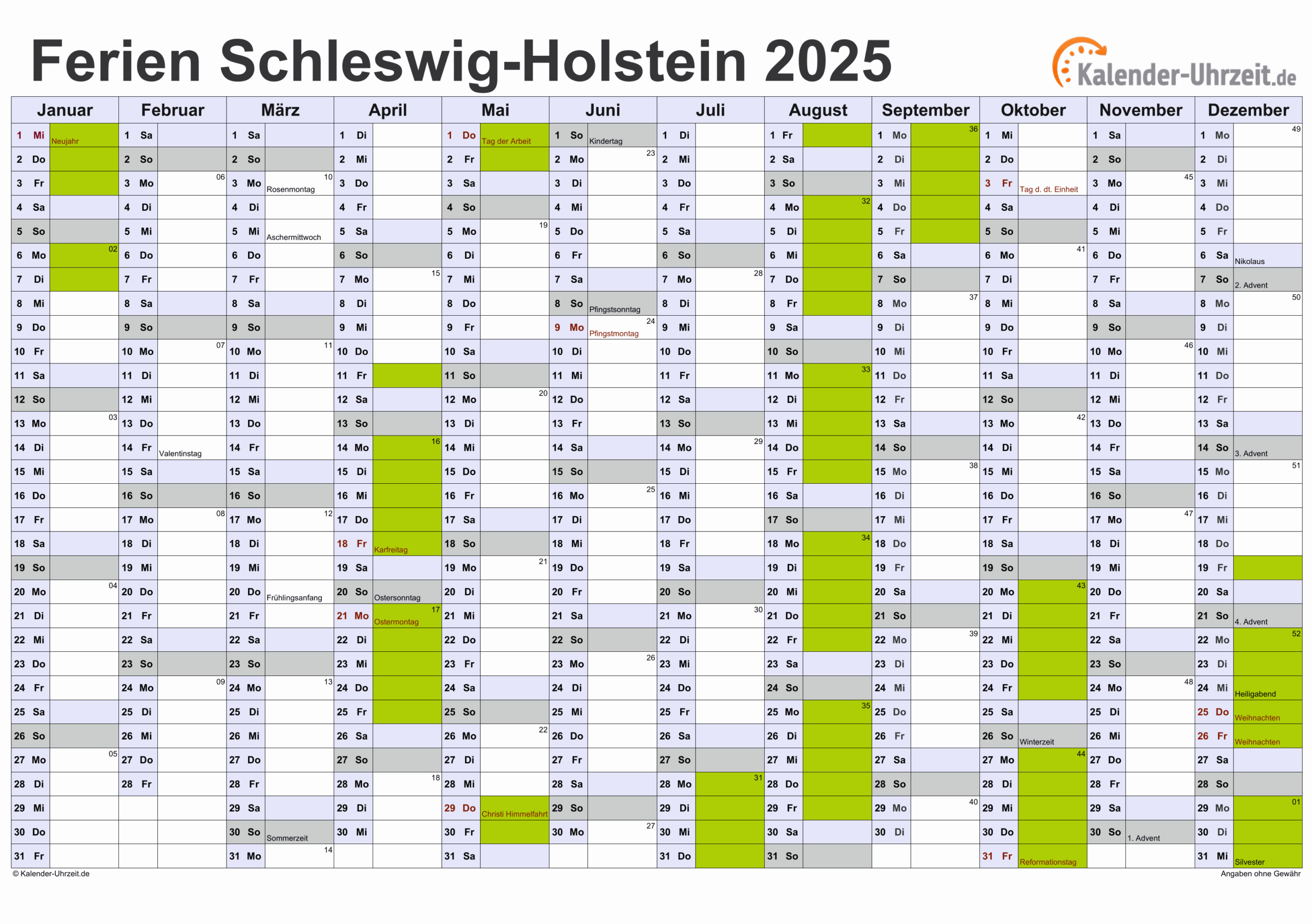 Ferien Schleswig-Holstein 2025 - Ferienkalender Zum Ausdrucken | Kalender 2025 Mit Ferien Schleswig Holstein