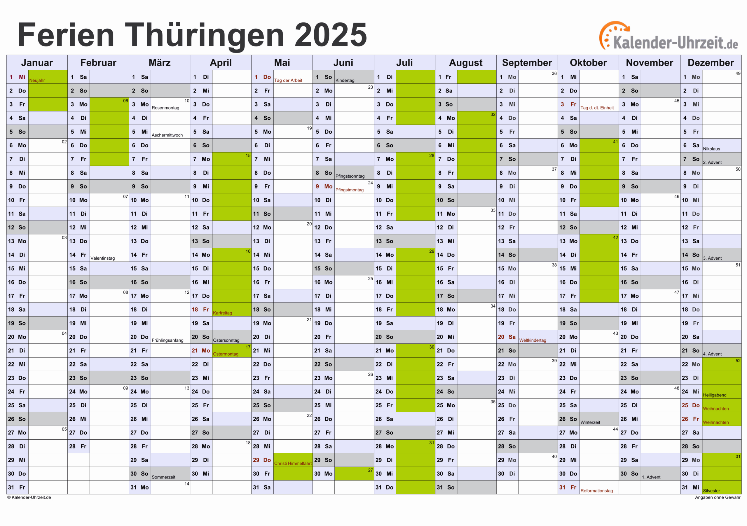 Ferien Thüringen 2025 - Ferienkalender Zum Ausdrucken | Kalender 2025 Ferien Thüringen