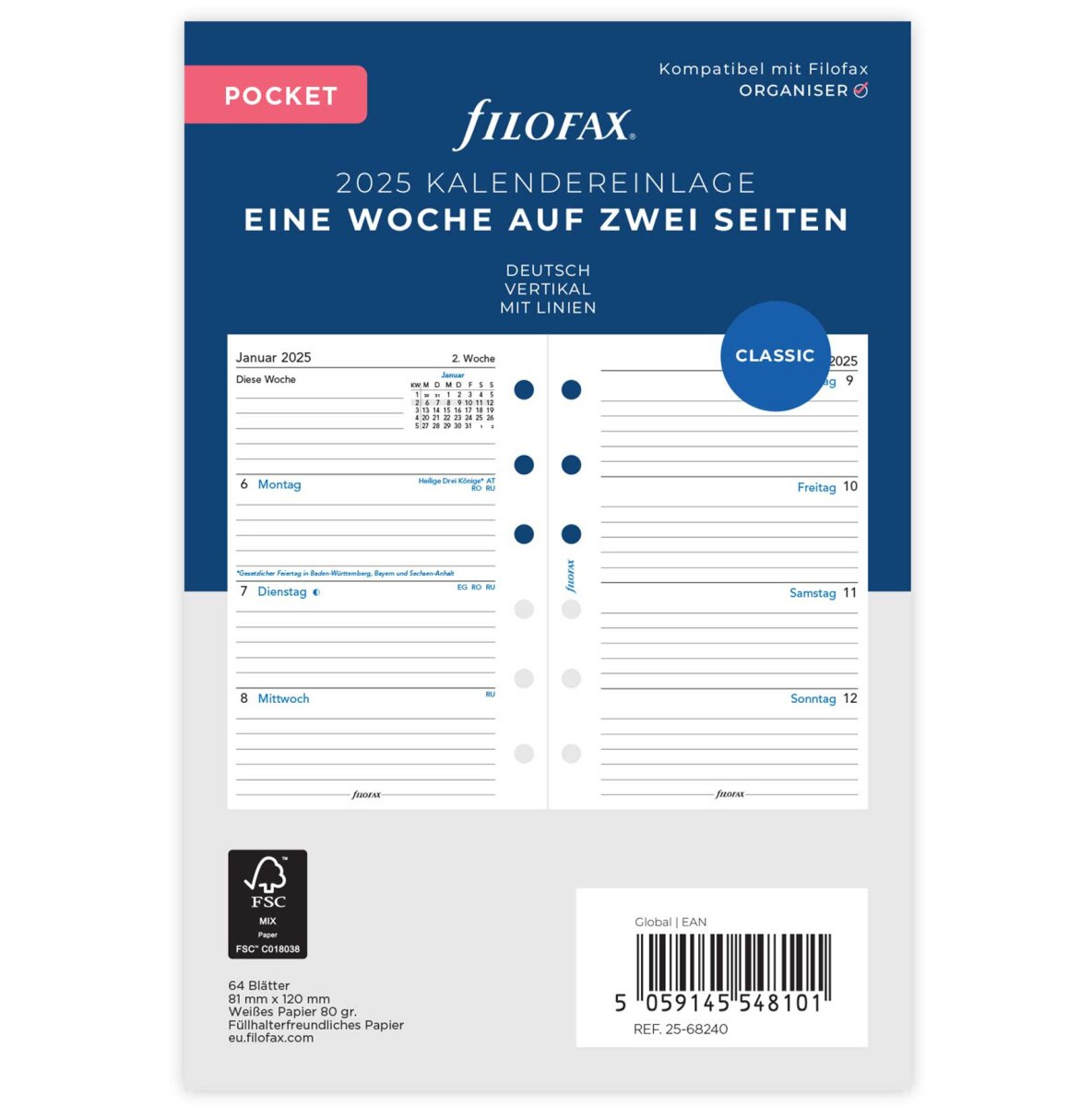 Filofax Kalendereinlage 2025 Pocket 1 Woche - 2 Seiten Weiss Deutsch , 8,59 € | Filofax Kalender 2025