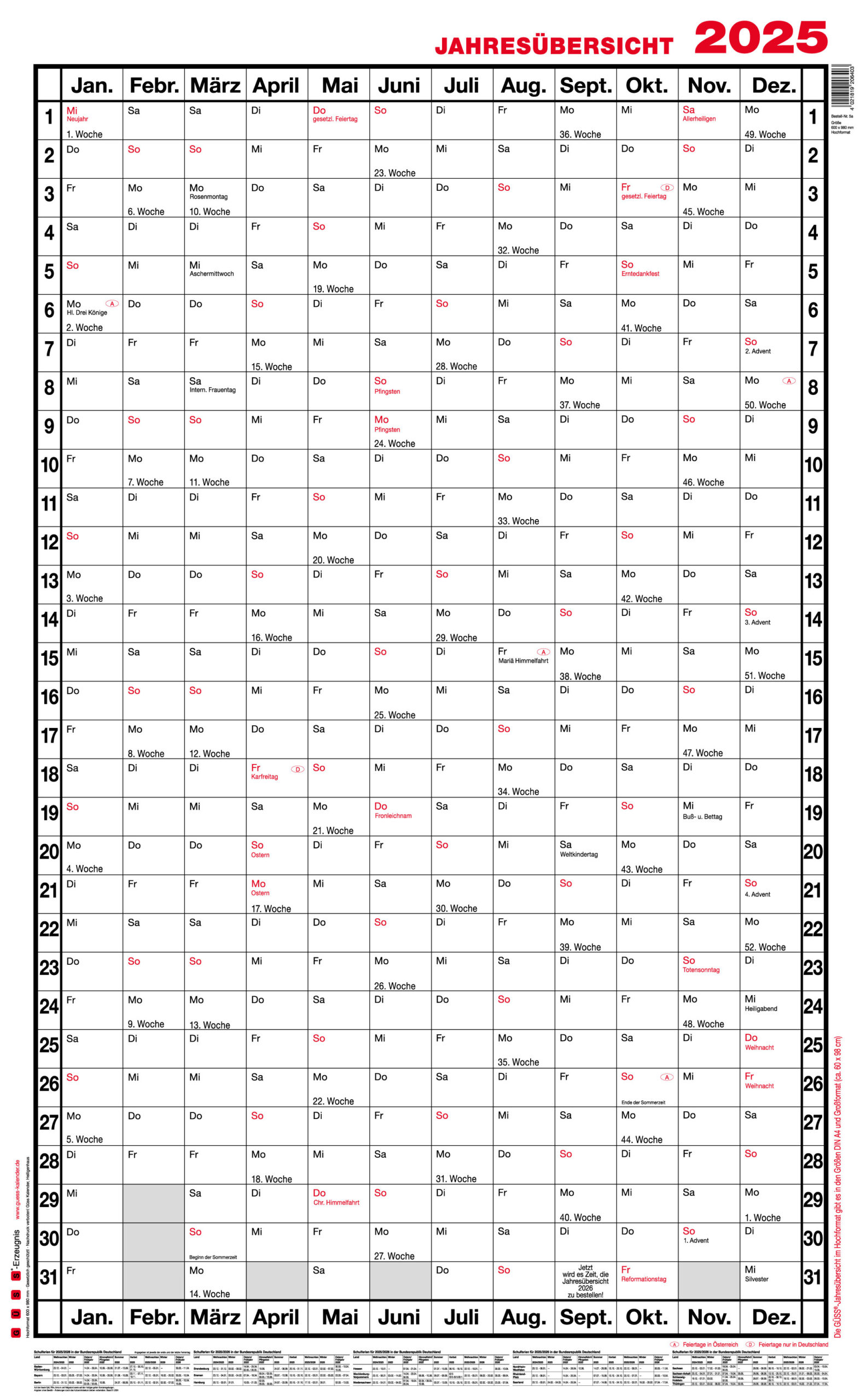 Güss Jahresübersicht Hochformat | Din A1 Hoch | 2025 | 5A | Güss Kalender 2025