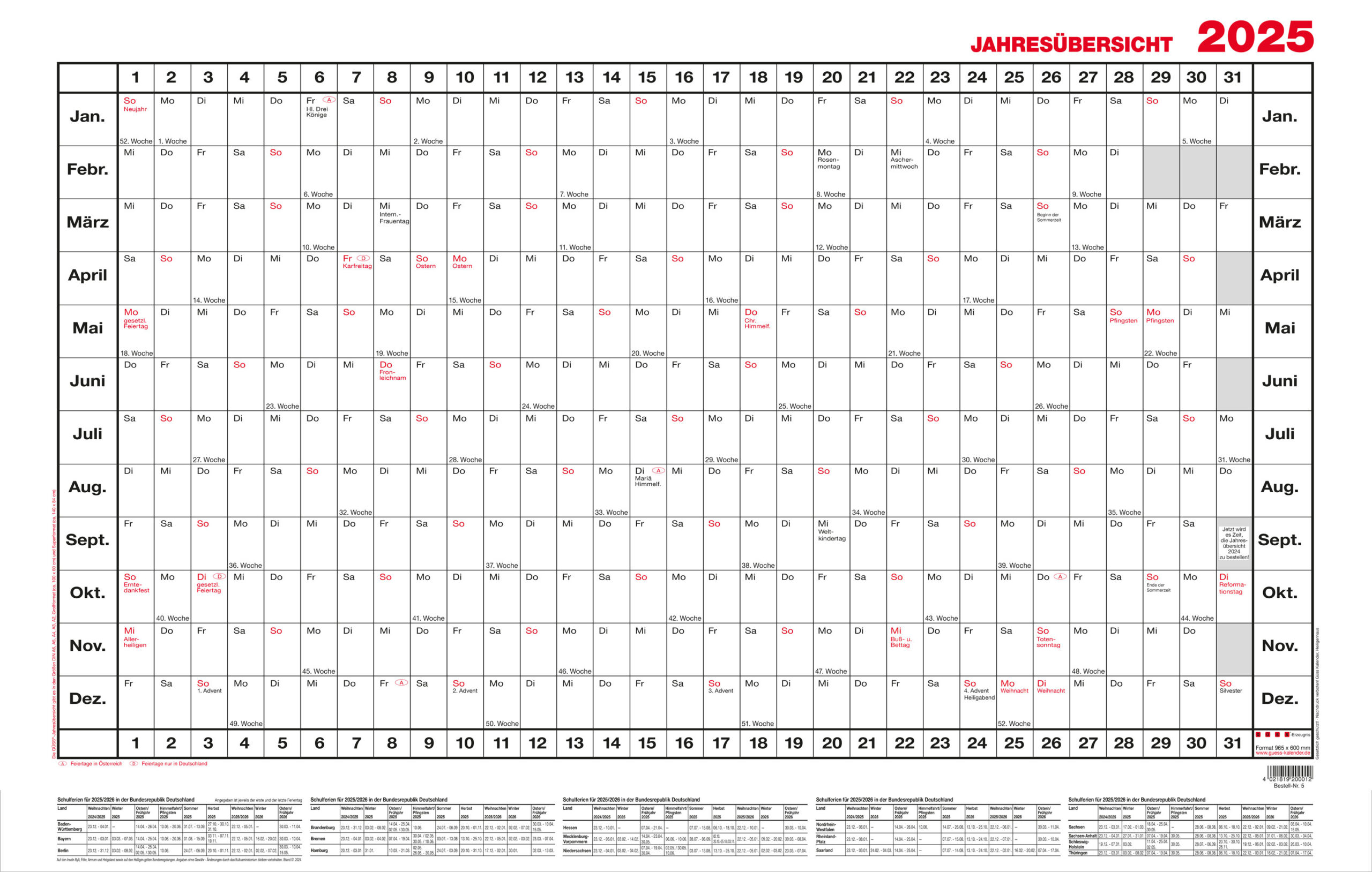 Güss Jahresübersicht Querformat | Superformat | 2025 | 5-1 | Güss Kalender 2025