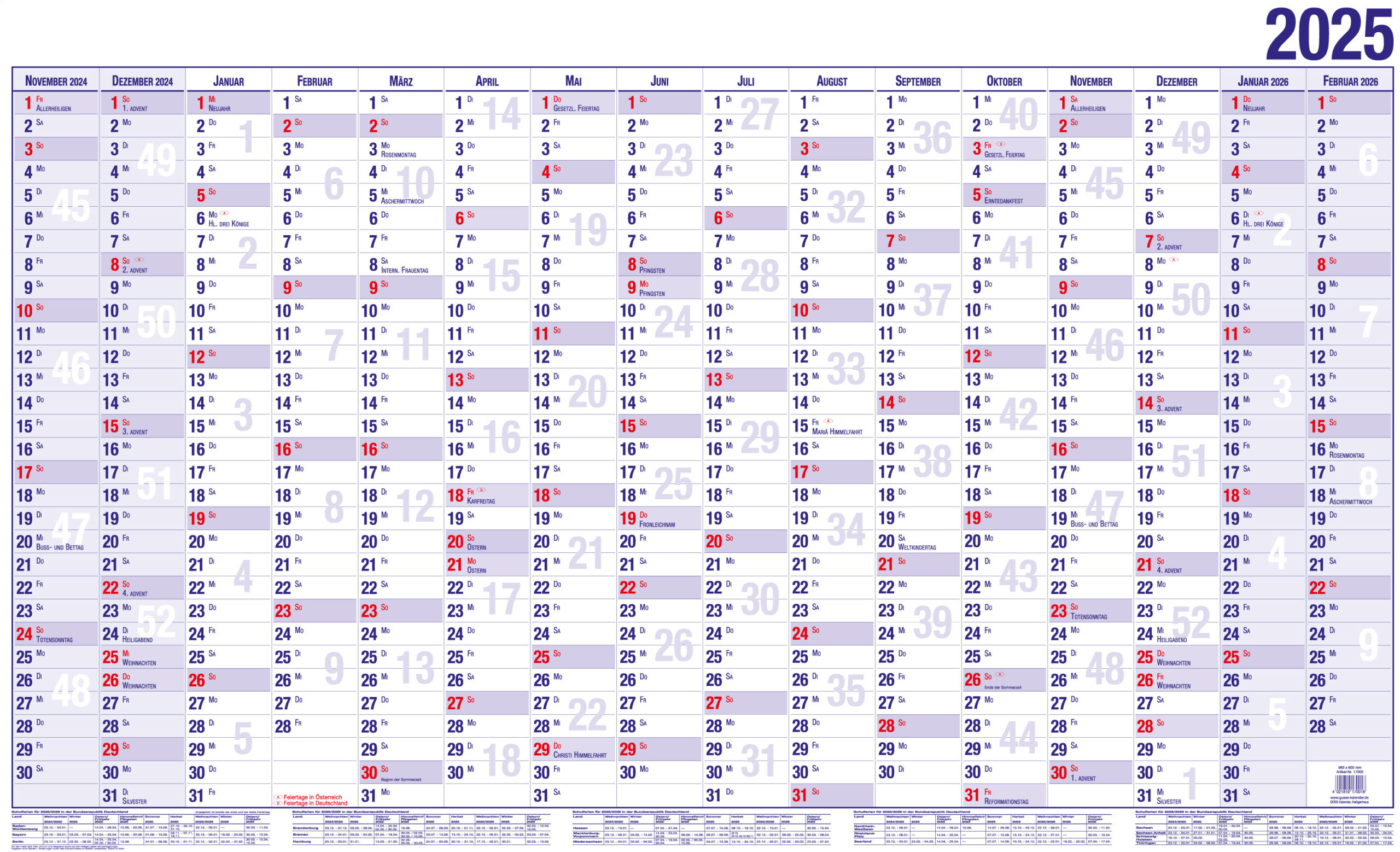 Güss Wandplaner 16 Monate | Din A0 | 2025 | 16000 | Güss Kalender 2025