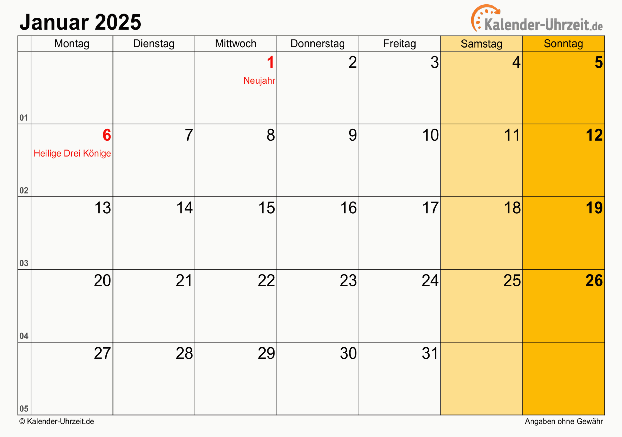 Januar 2025 Kalender Mit Feiertagen | Kalender Januar 2025 Mit Feiertagen