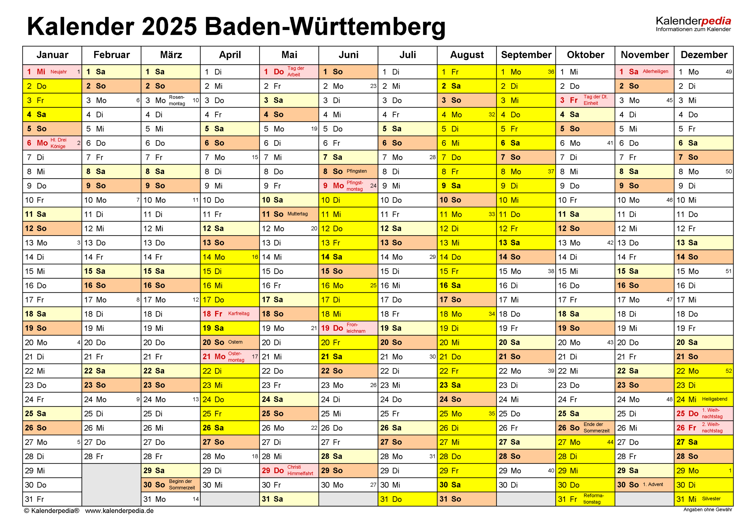 Kalender 2025 Baden-Württemberg: Ferien, Feiertage, Pdf-Vorlagen | Bw Kalender 2025