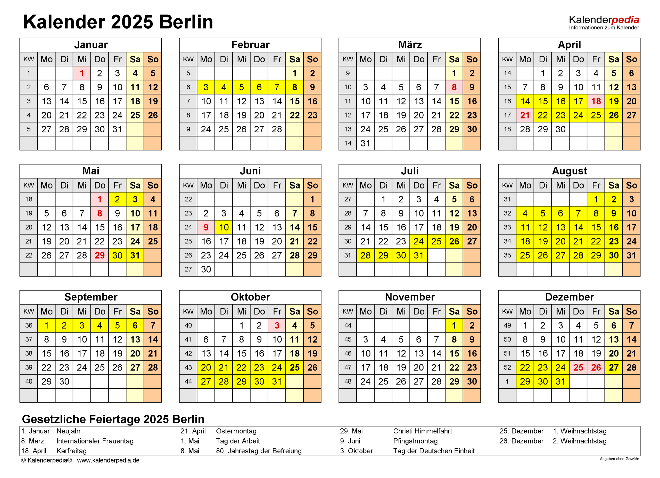 Kalender 2025 Berlin: Ferien, Feiertage, Pdf-Vorlagen | Feiertage 2025 Berlin Kalender