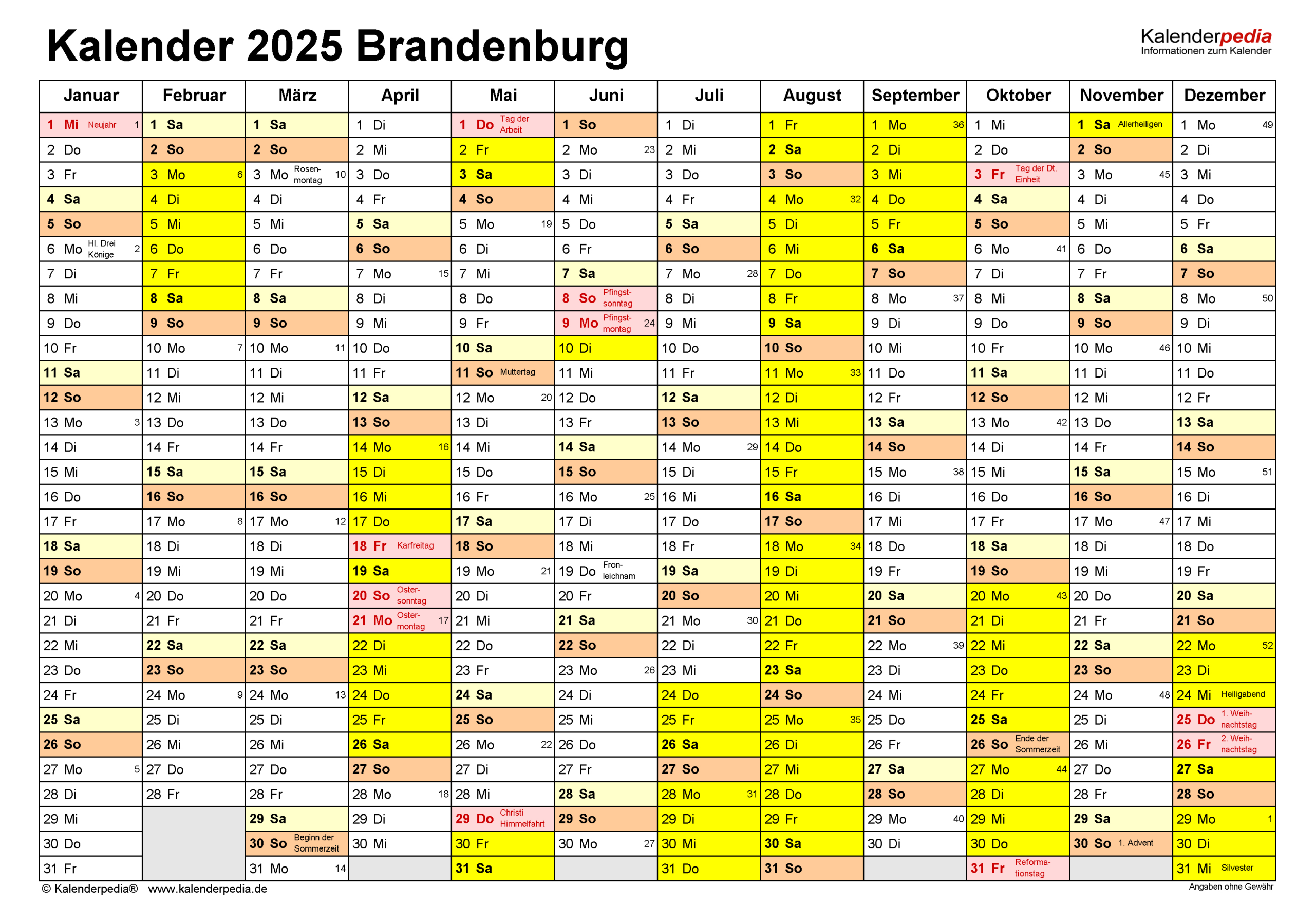 Kalender 2025 Brandenburg: Ferien, Feiertage, Pdf-Vorlagen | Feiertage Brandenburg 2025 Kalender