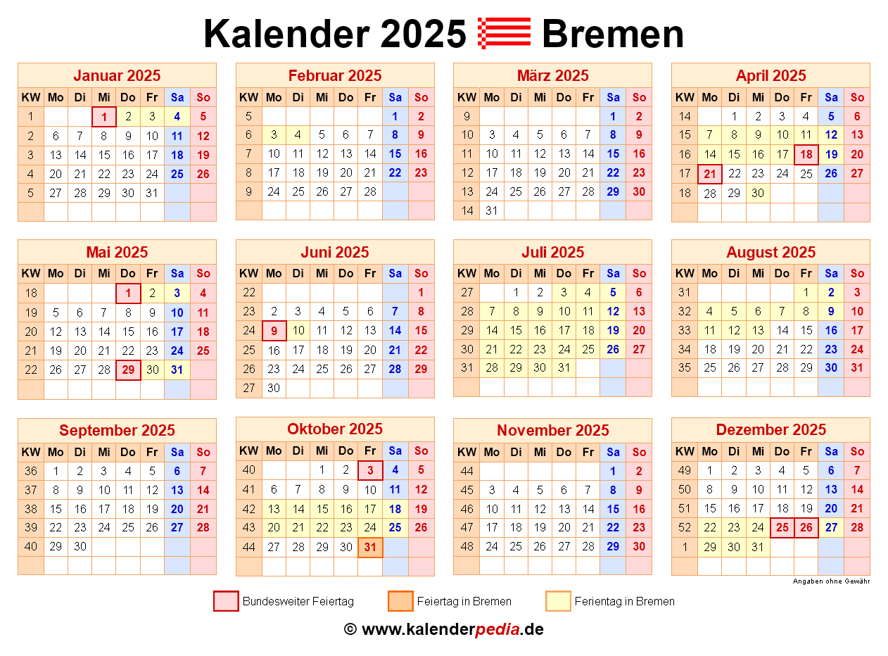 Kalender 2025 Bremen: Ferien, Feiertage, Pdf-Vorlagen | Kalender 2025 Bremen