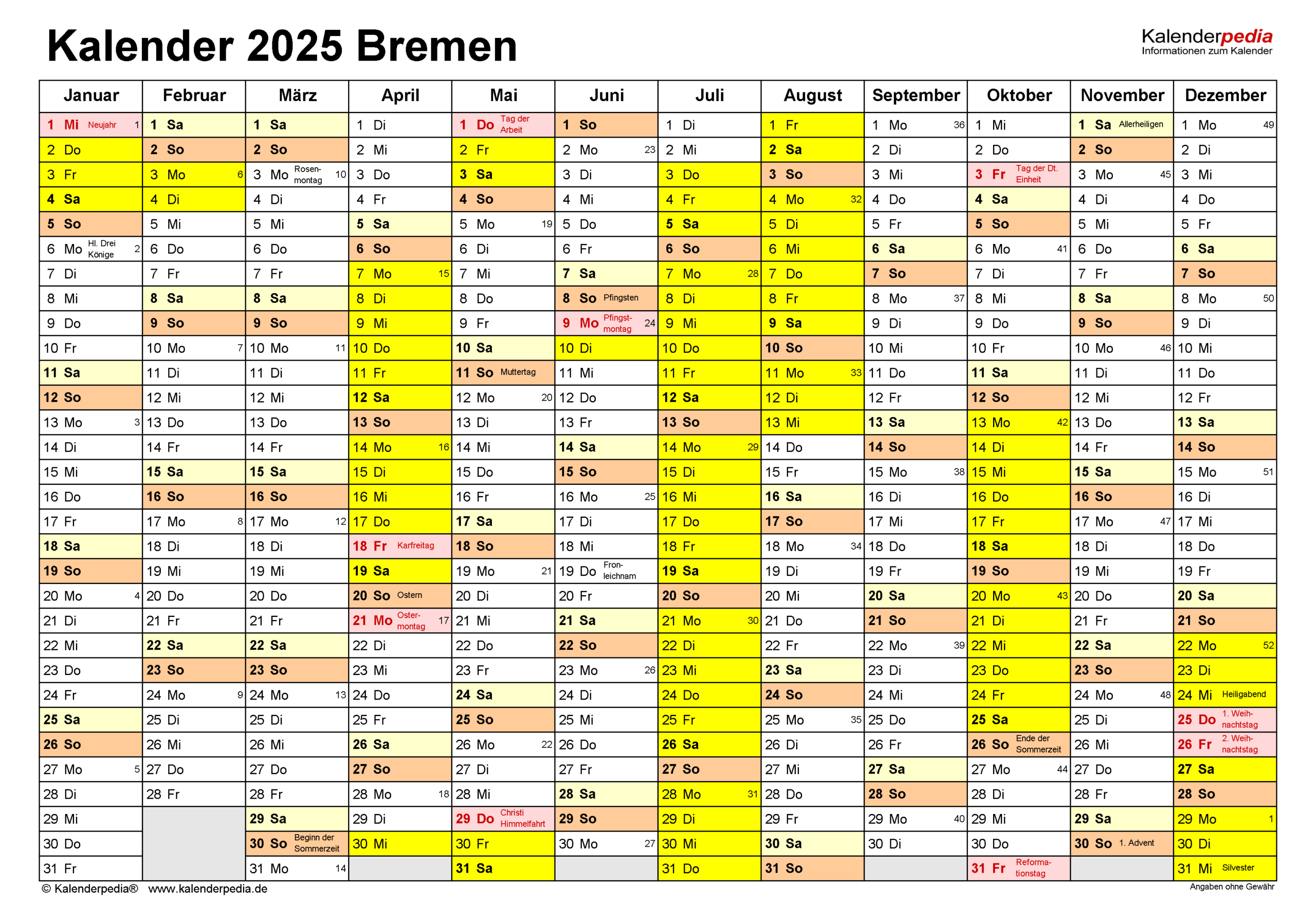 Kalender 2025 Bremen: Ferien, Feiertage, Pdf-Vorlagen | Kalender 2025 Bremen