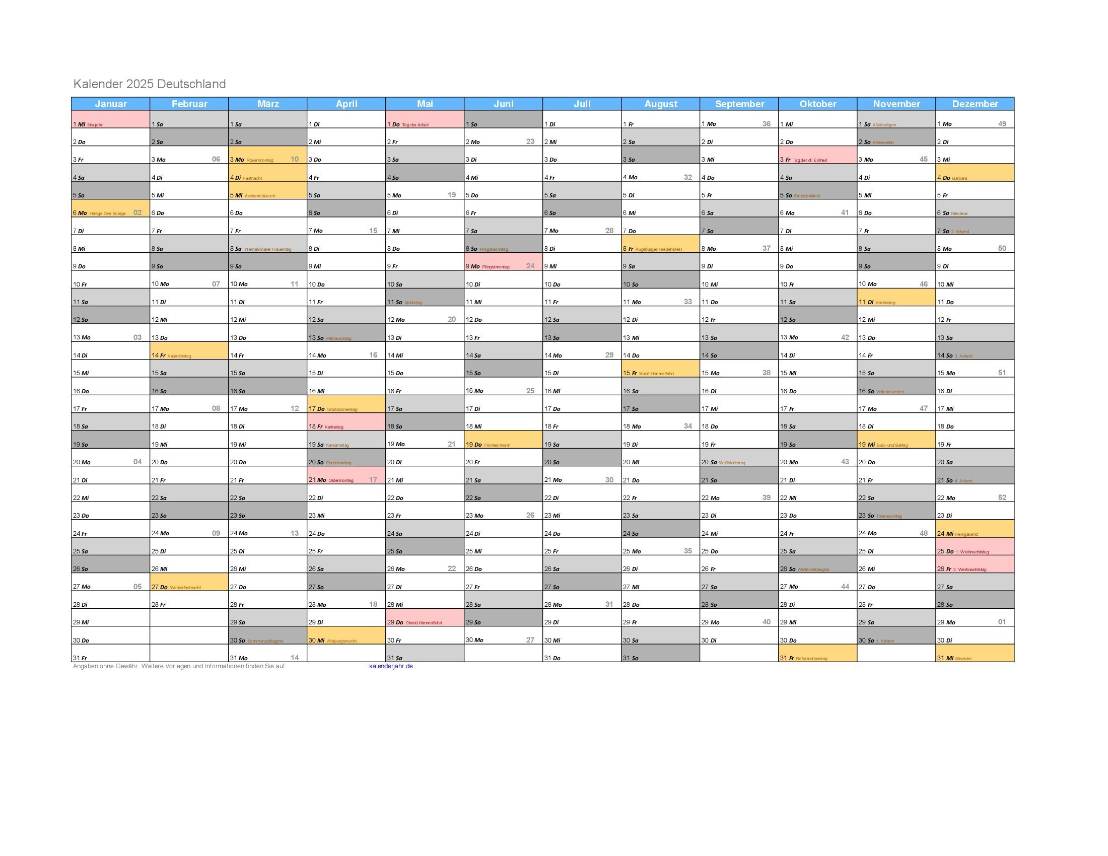 Kalender 2025 Excel-Vorlagen – Feiertage &amp;amp; Schulferien | Kalender 2025 Erstellen