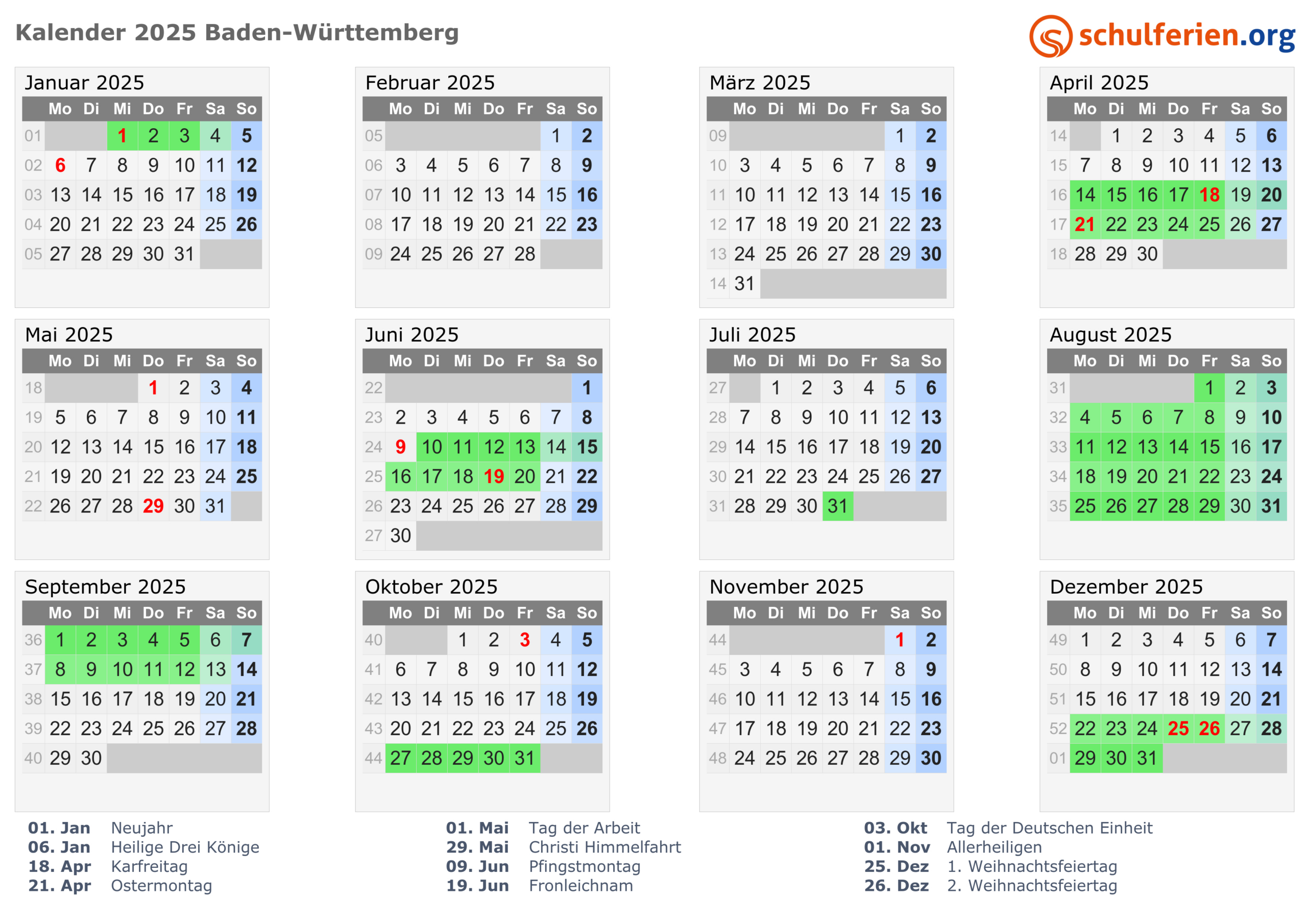 Kalender 2025 + Ferien Baden-Württemberg, Feiertage | Bw Kalender 2025