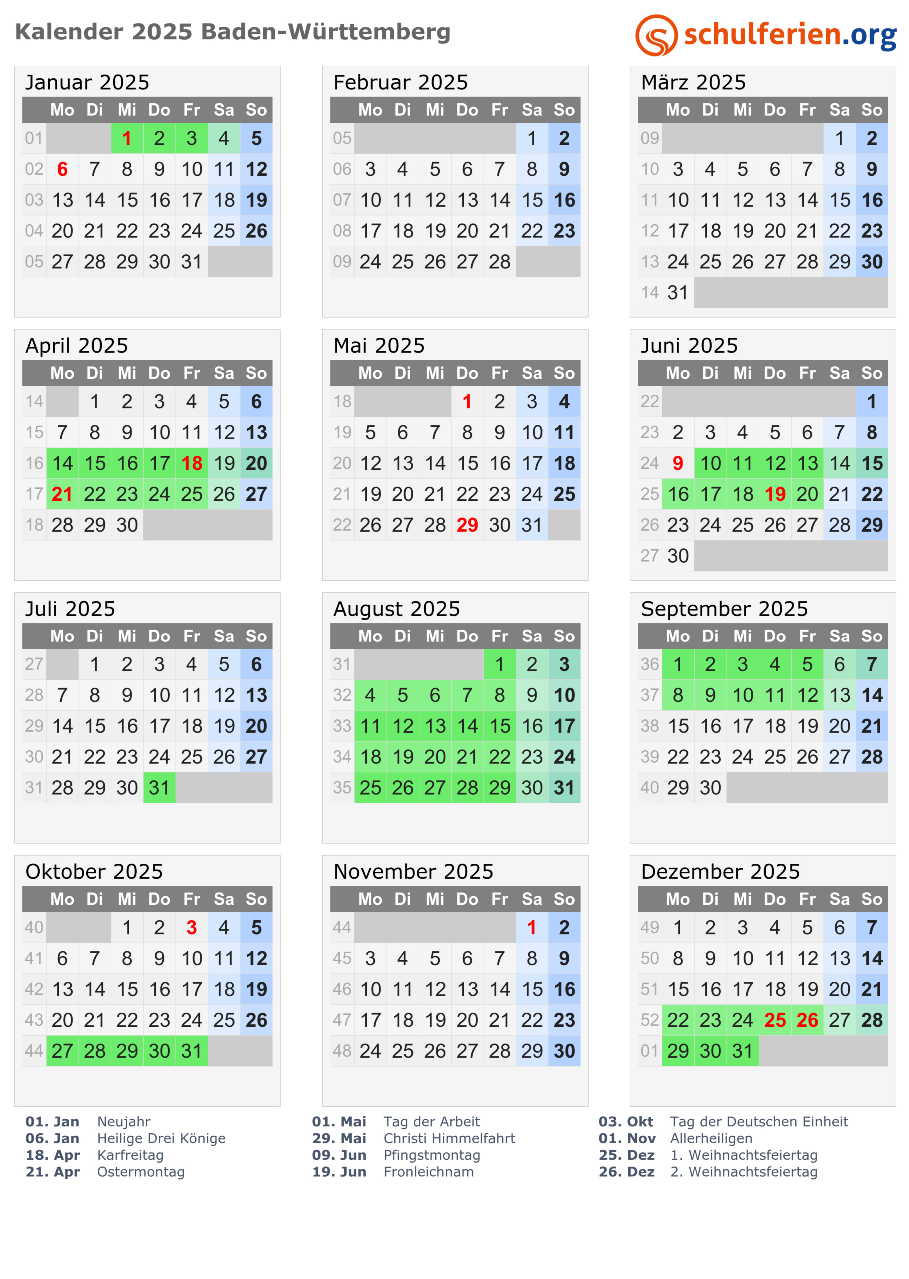 Kalender 2025 + Ferien Baden-Württemberg, Feiertage | Kalender 2025 Ferien Baden Württemberg