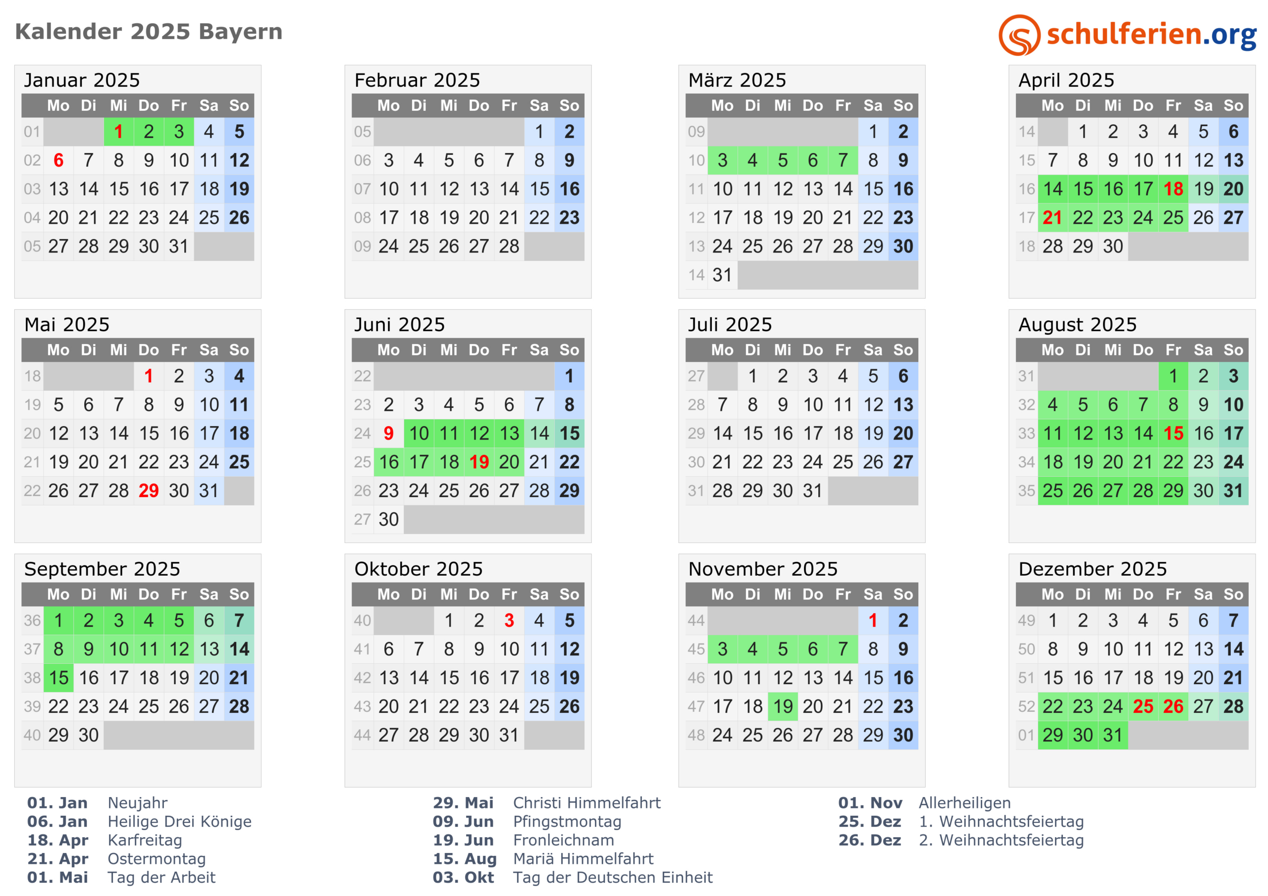 Kalender 2025 + Ferien Bayern, Feiertage | 2025 Kalender Bayern