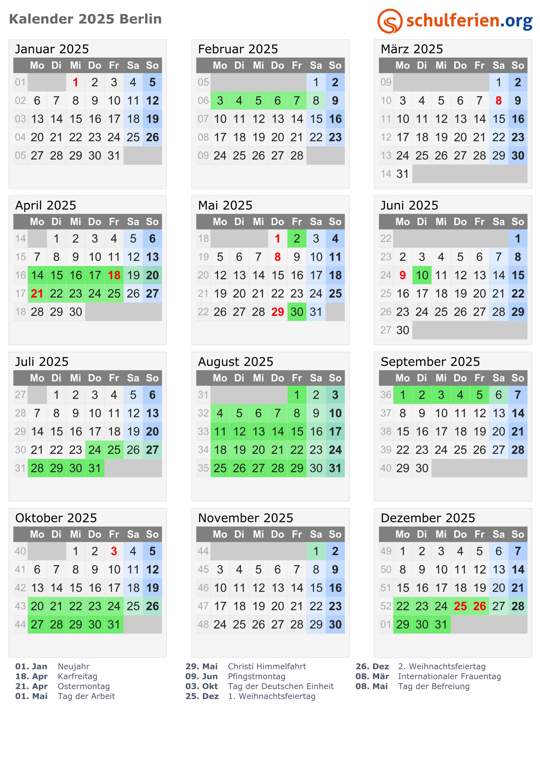 Kalender 2025 + Ferien Berlin, Feiertage | Berlin Kalender 2025