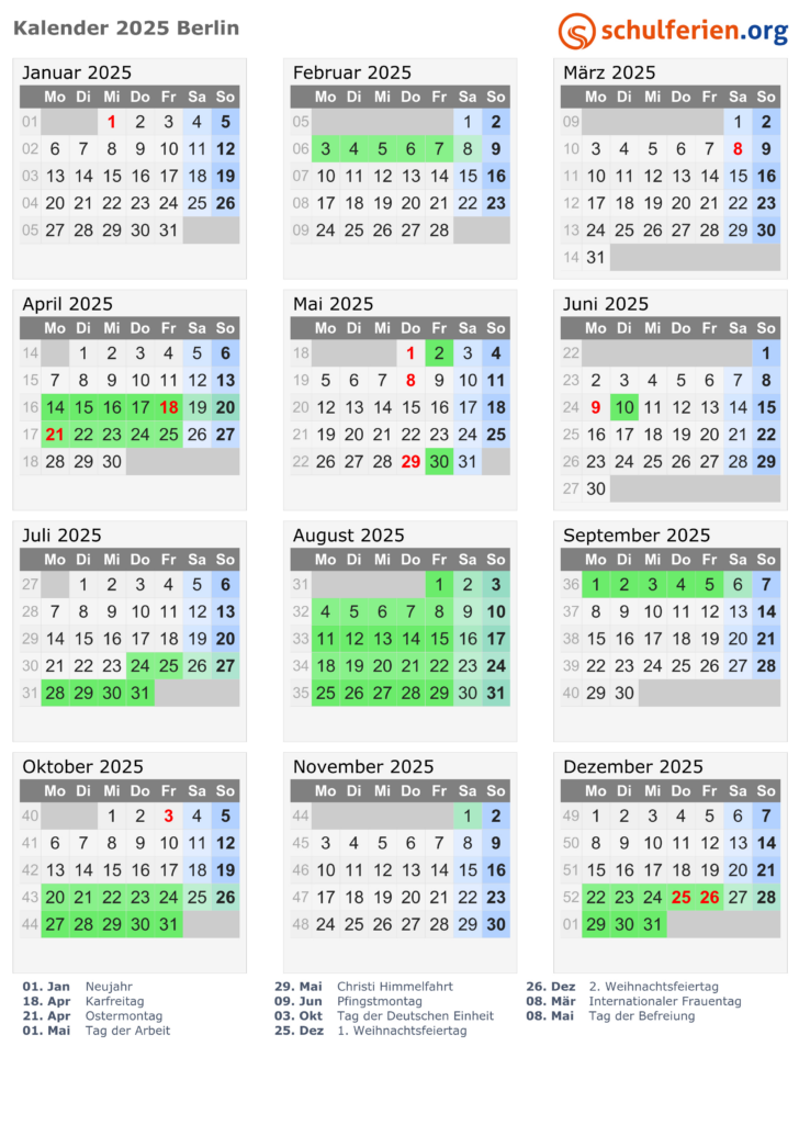 Kalender 2025 Zum Ausdrucken Mit Ferien Berlin