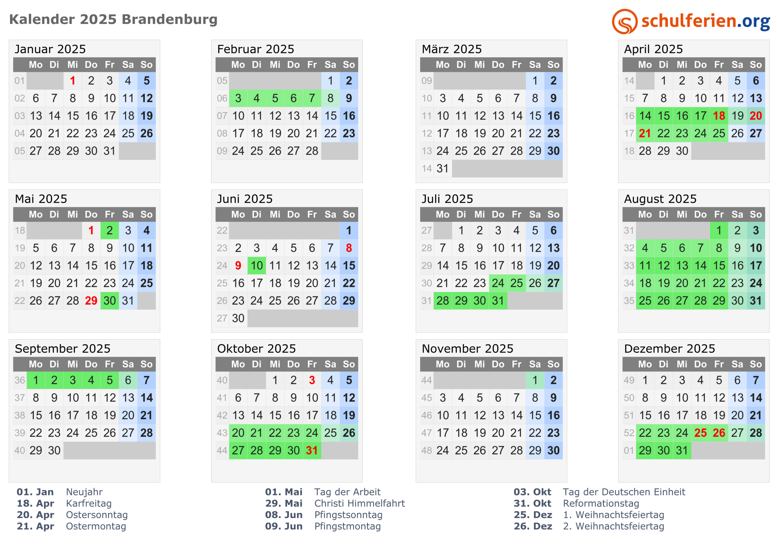 Kalender 2025 + Ferien Brandenburg, Feiertage | Feiertage Brandenburg 2025 Kalender