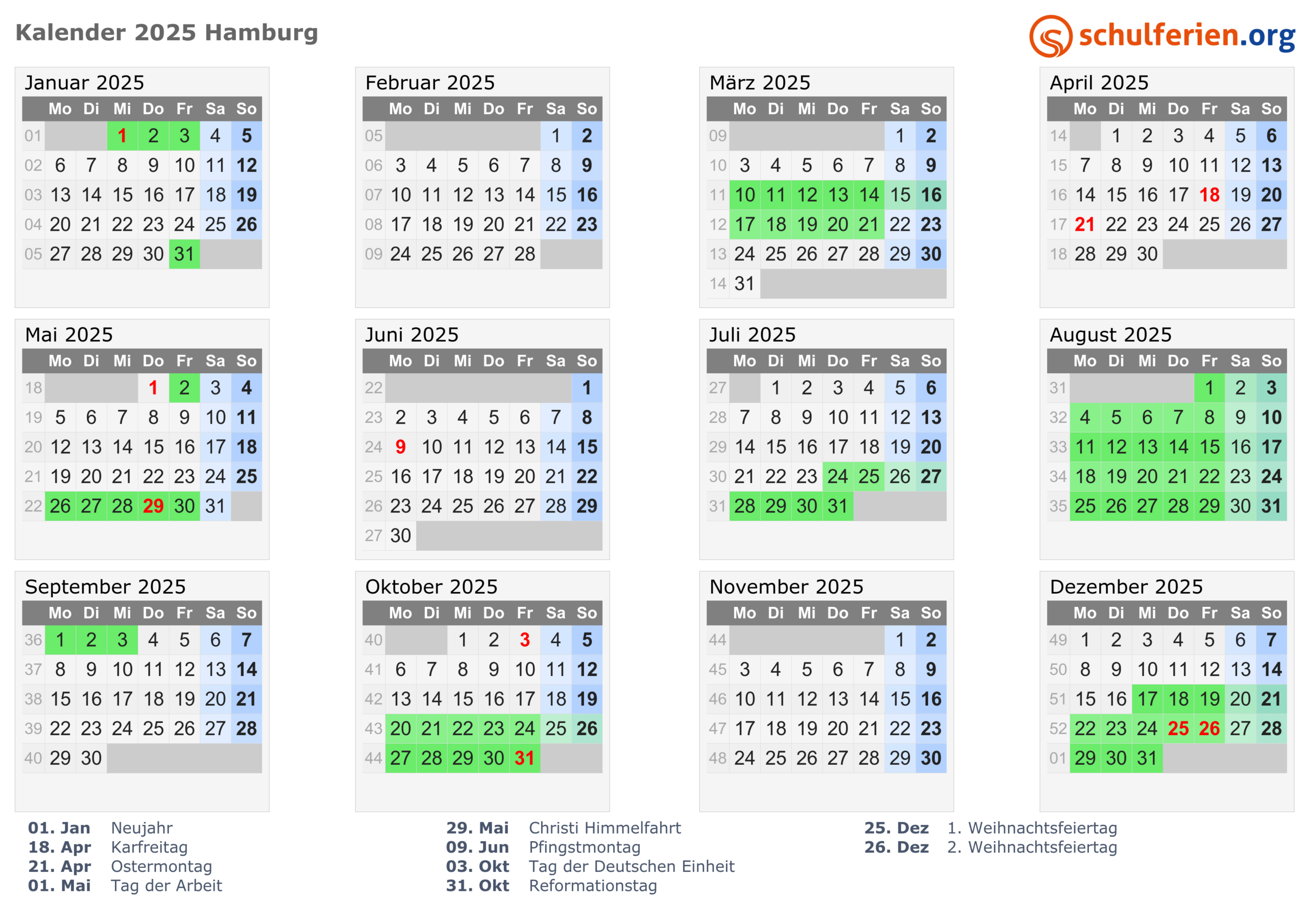 Kalender 2025 + Ferien Hamburg, Feiertage | Feiertage Hamburg 2025 Kalender